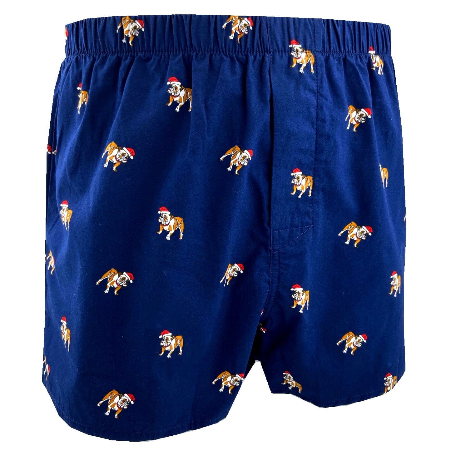 Men's Navy Blue English Bulldog Wearing Santa Hats Print Boxer Shorts