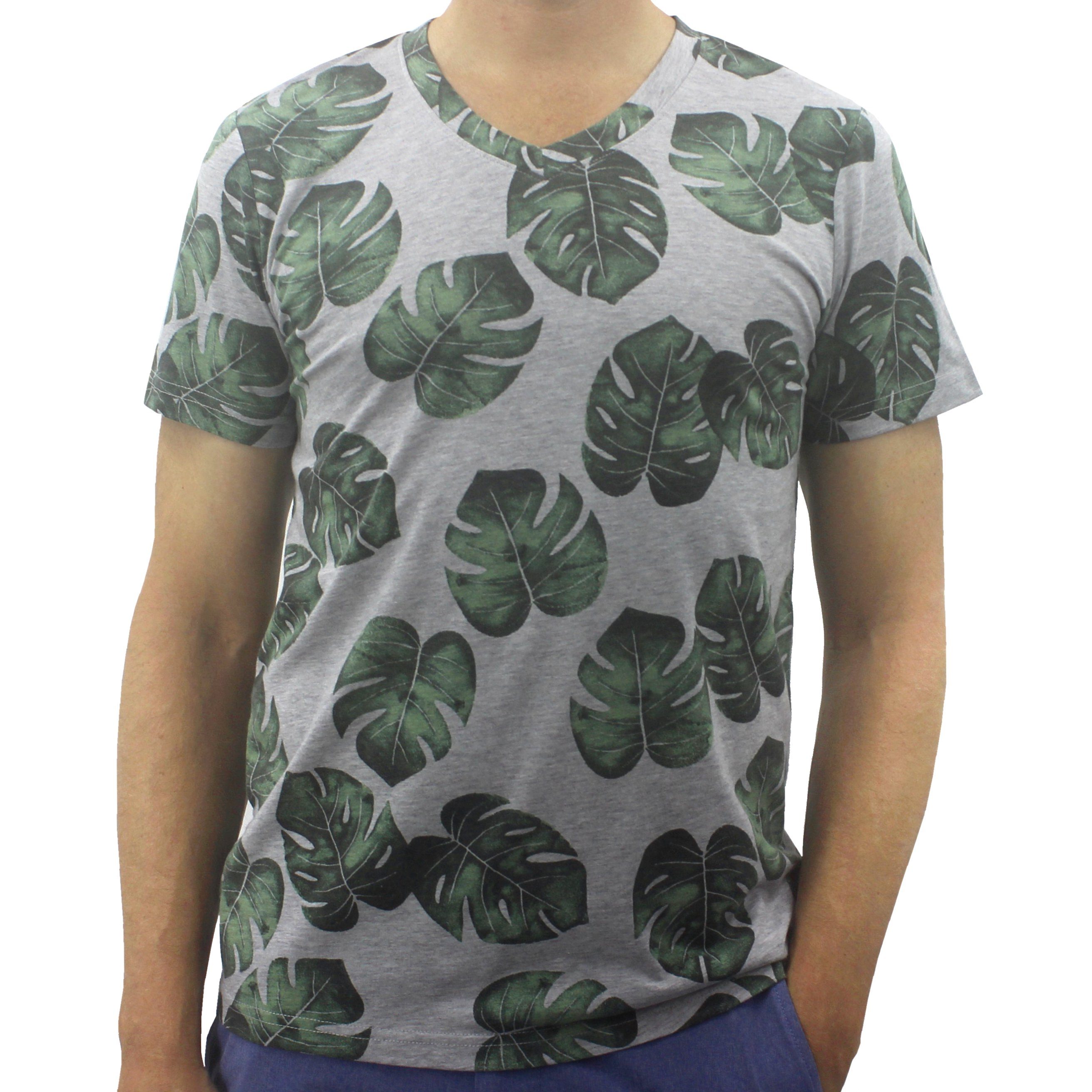 Men's V-Neck Monstera Plant Leaves All Over Print Cotton T-Shirt Top