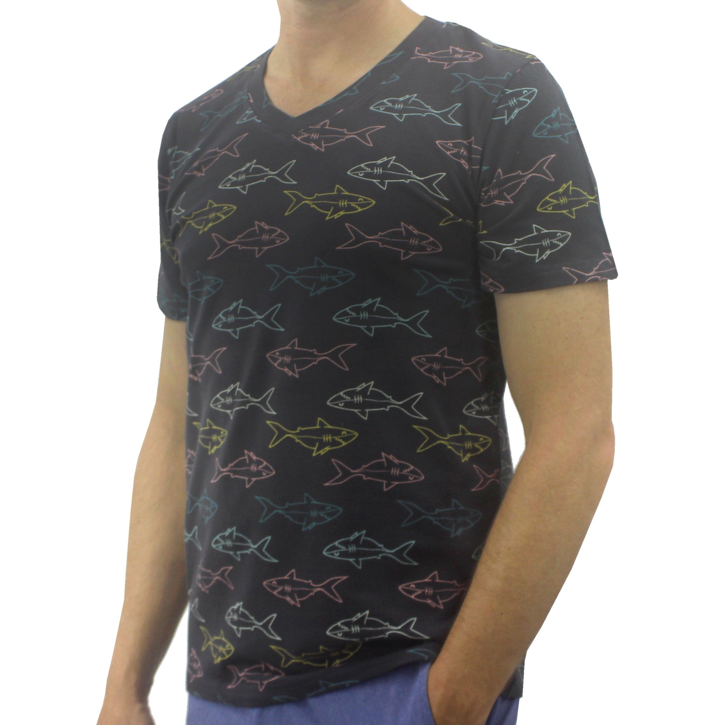 Casual V-Neck Shark All Over Print Cotton Jersey Men's Summer T-Shirts