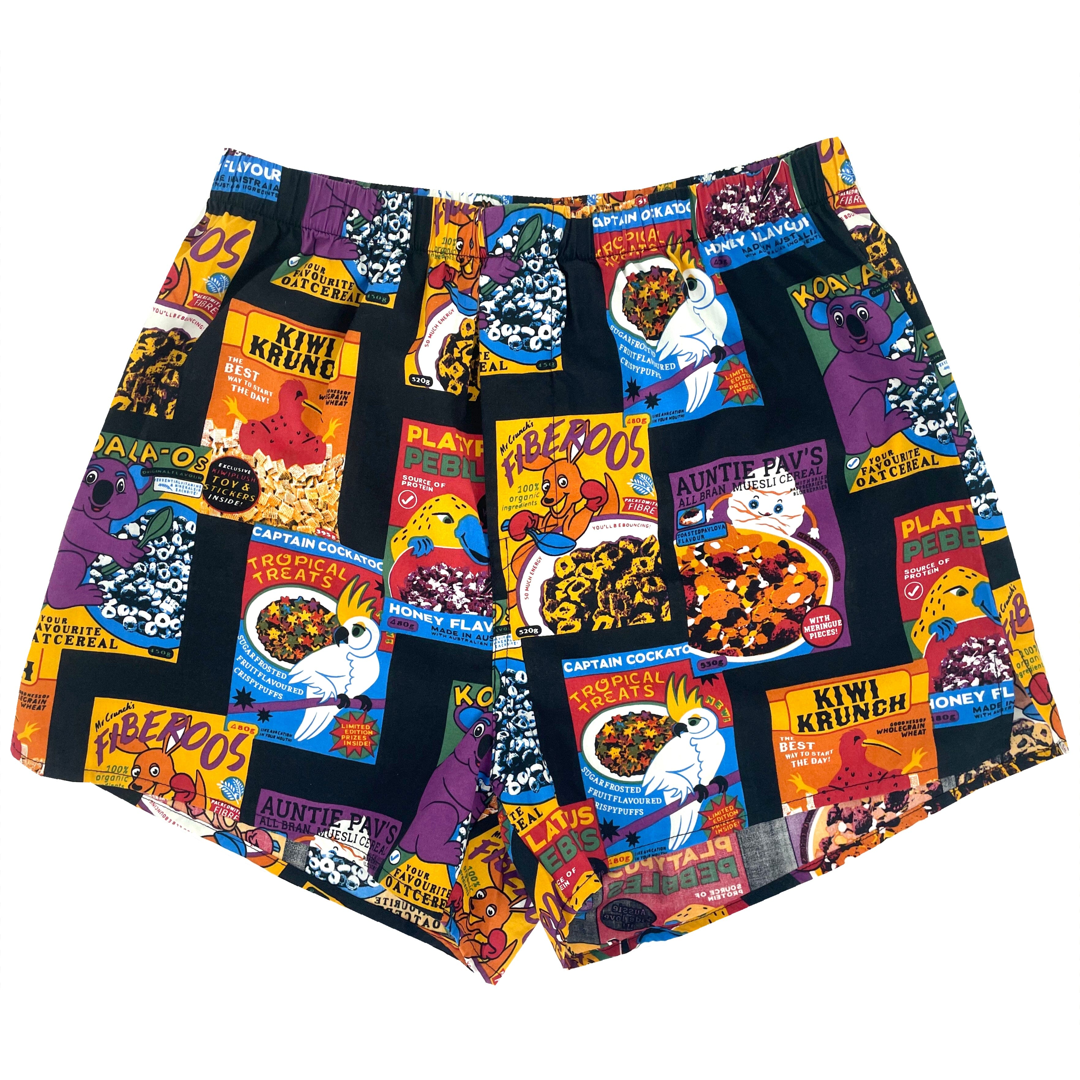 Men's Breakfast Themed Colorful Cereal Boxes Print Cotton Boxer Shorts