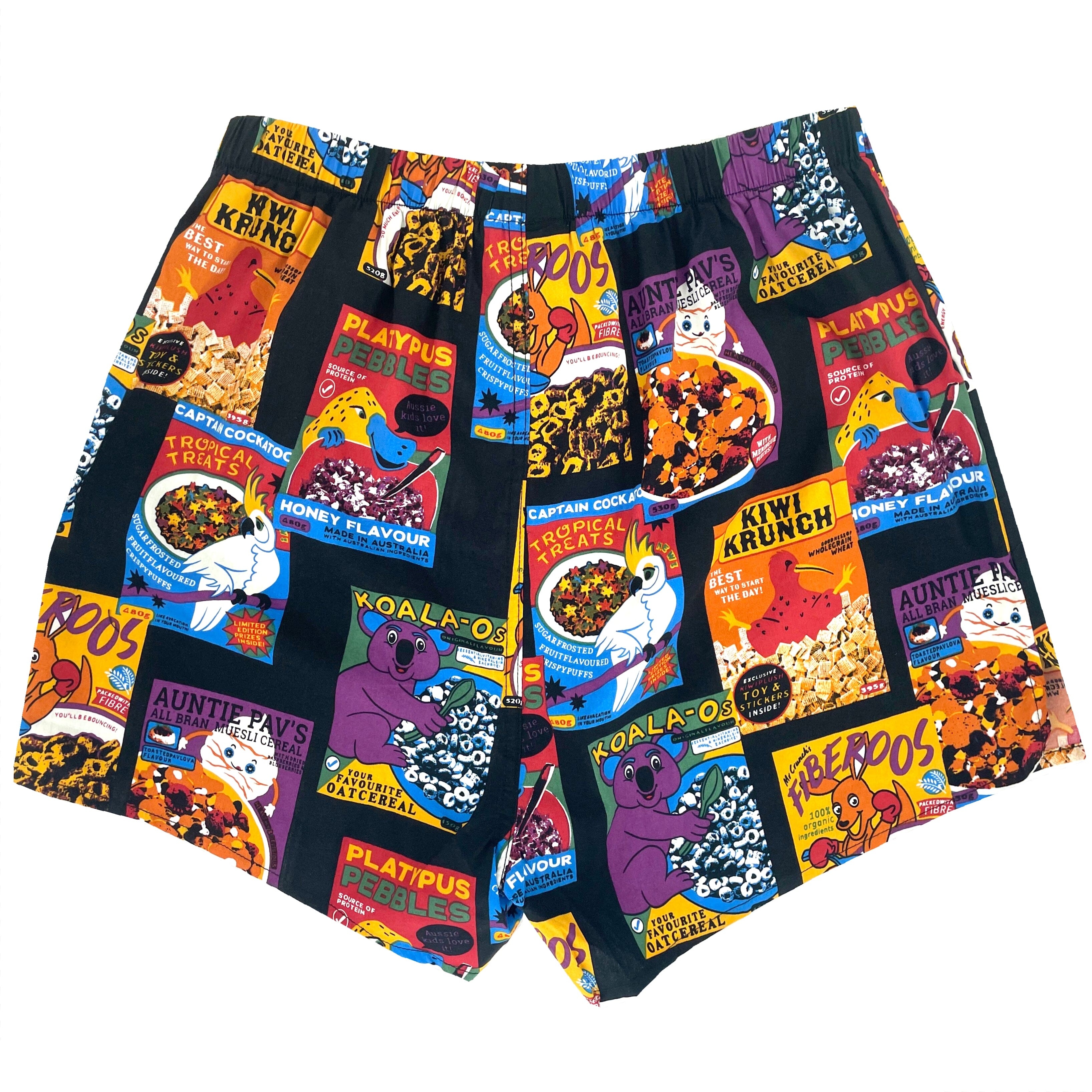 Men's Breakfast Themed Colorful Cereal Boxes Print Cotton Boxer Shorts