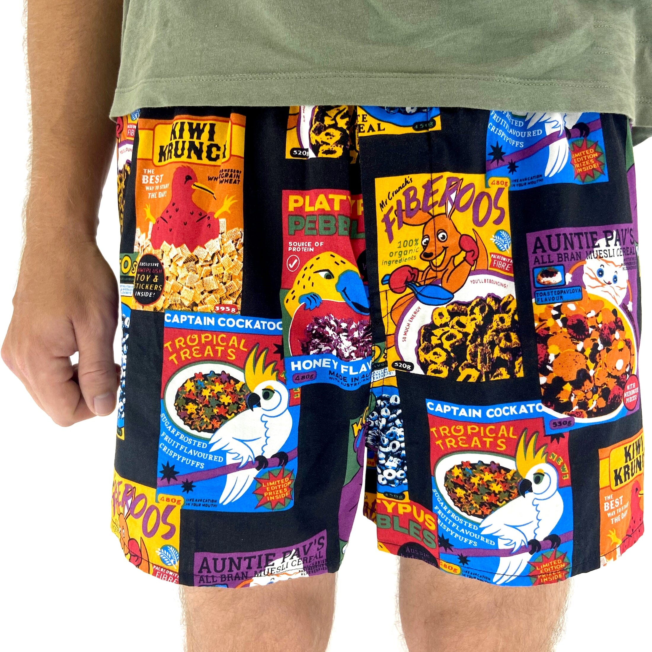 Men's Breakfast Themed Colorful Cereal Boxes Print Cotton Boxer Shorts