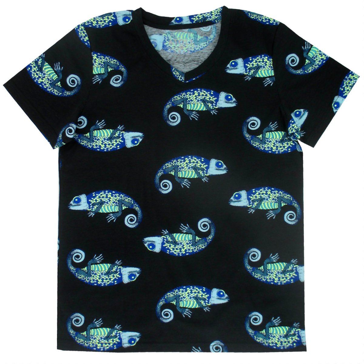 Black Chameleon All Over Print Cotton V Neck T-Shirt