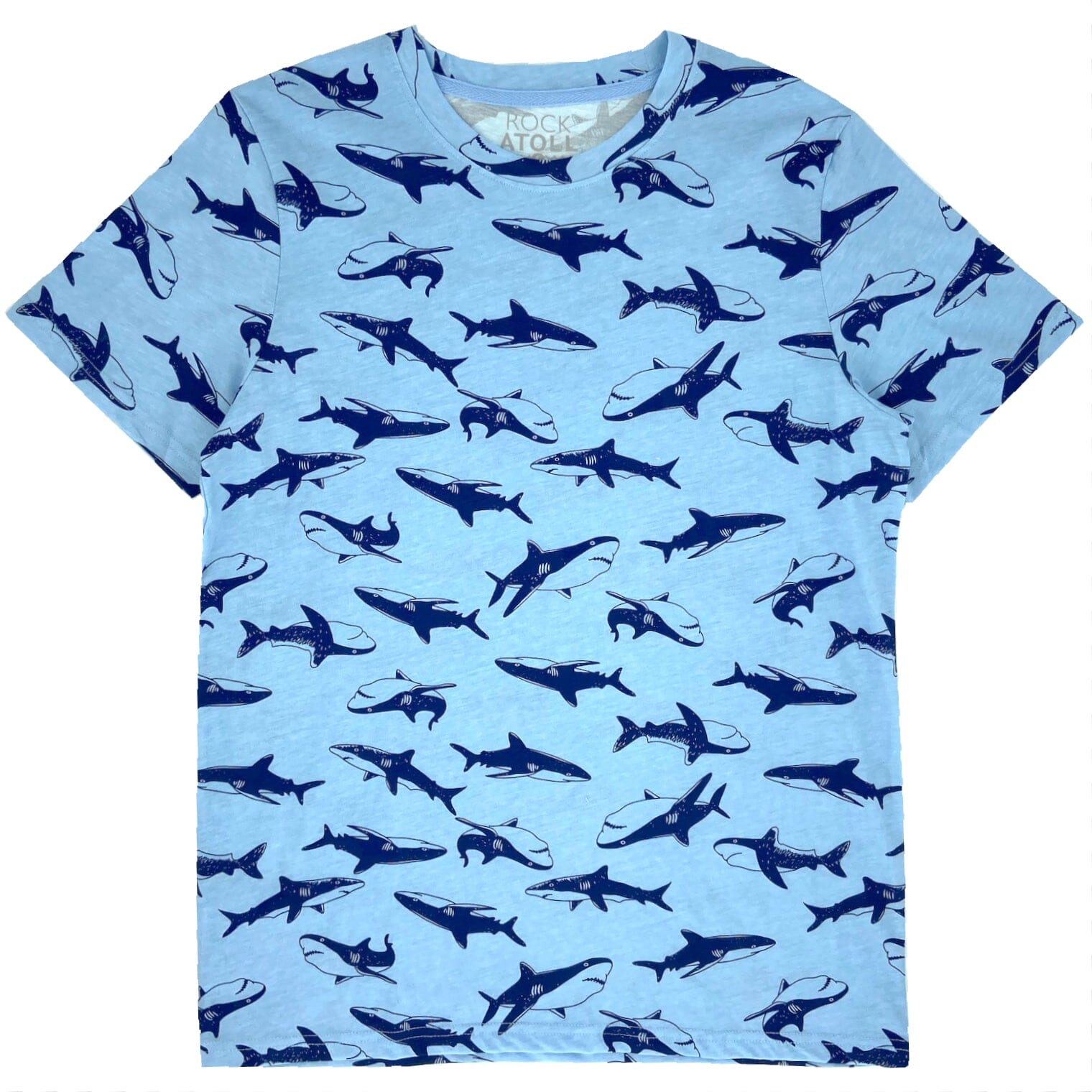 Men's Super Soft Blue Great White Shark Novelty Print Cotton T-Shirt Crew Neck