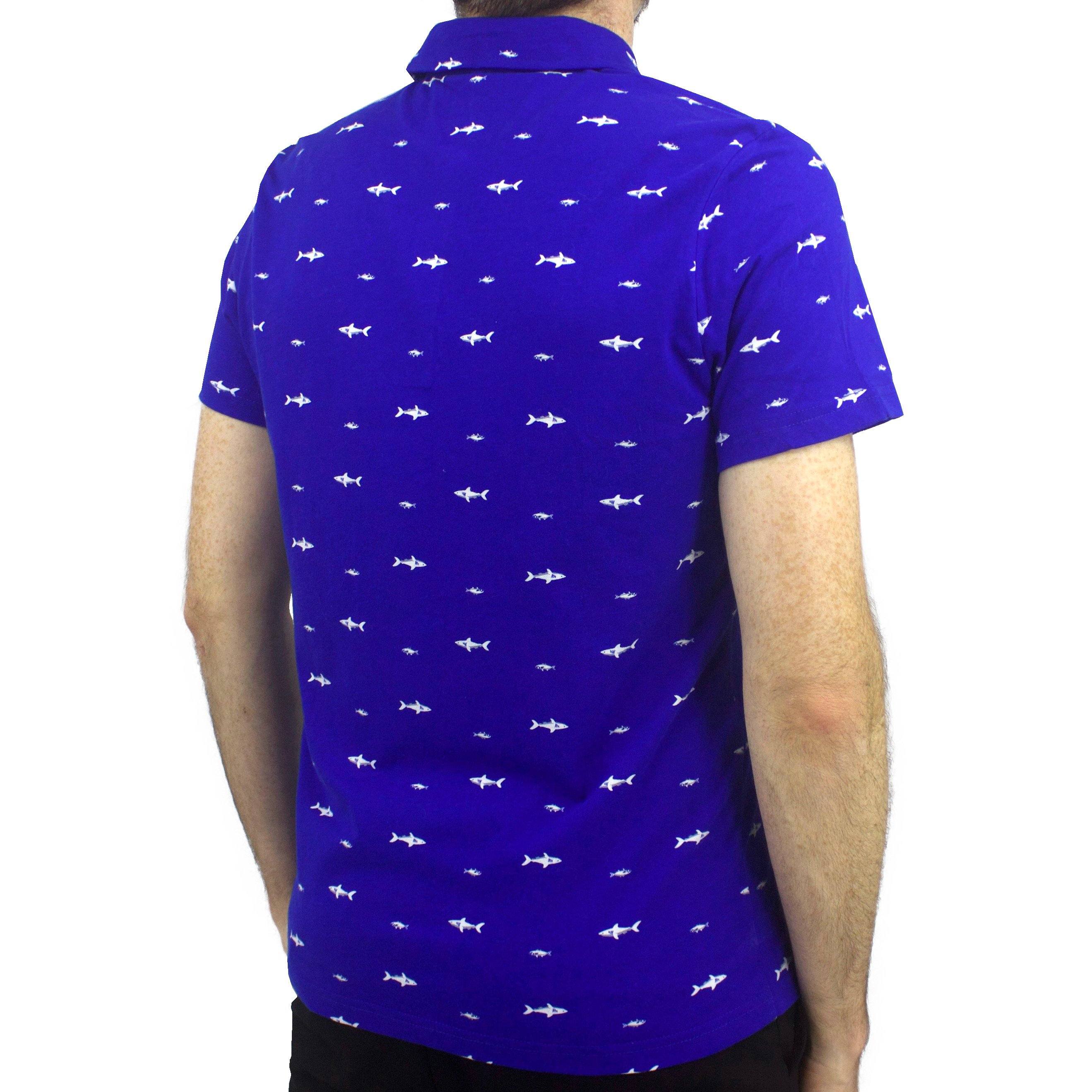Rock Atoll Shark All Over Print Bright Blue Jersey Polo Tee Top Collared