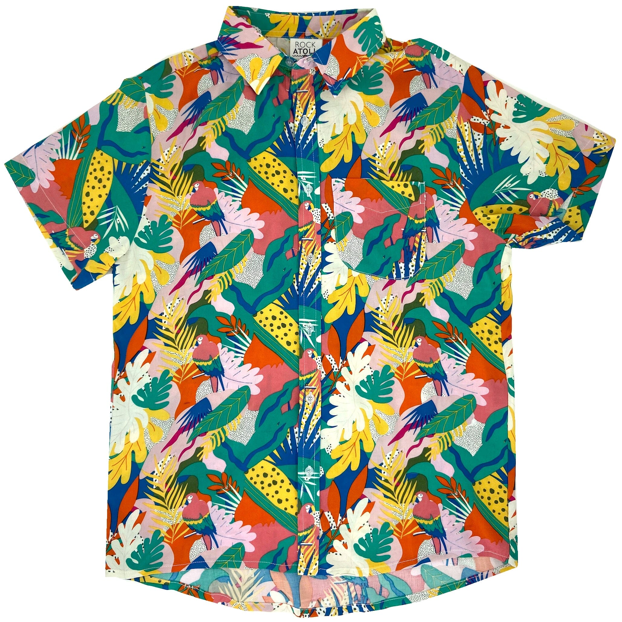 Bright Bold Tropical Abstract Jungle Toucan Print Memphis Design Shirt