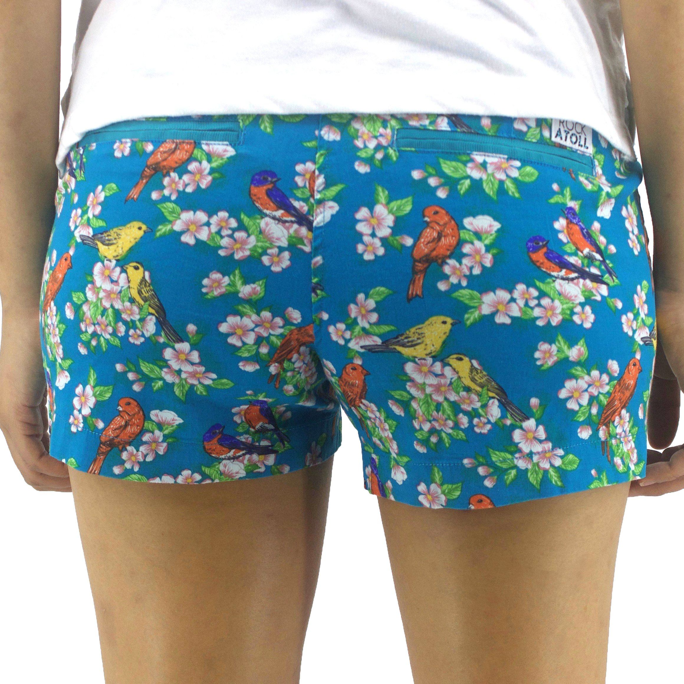 Turquoise Blue Bird Patterned Flat Front Bermuda Shorts for Women