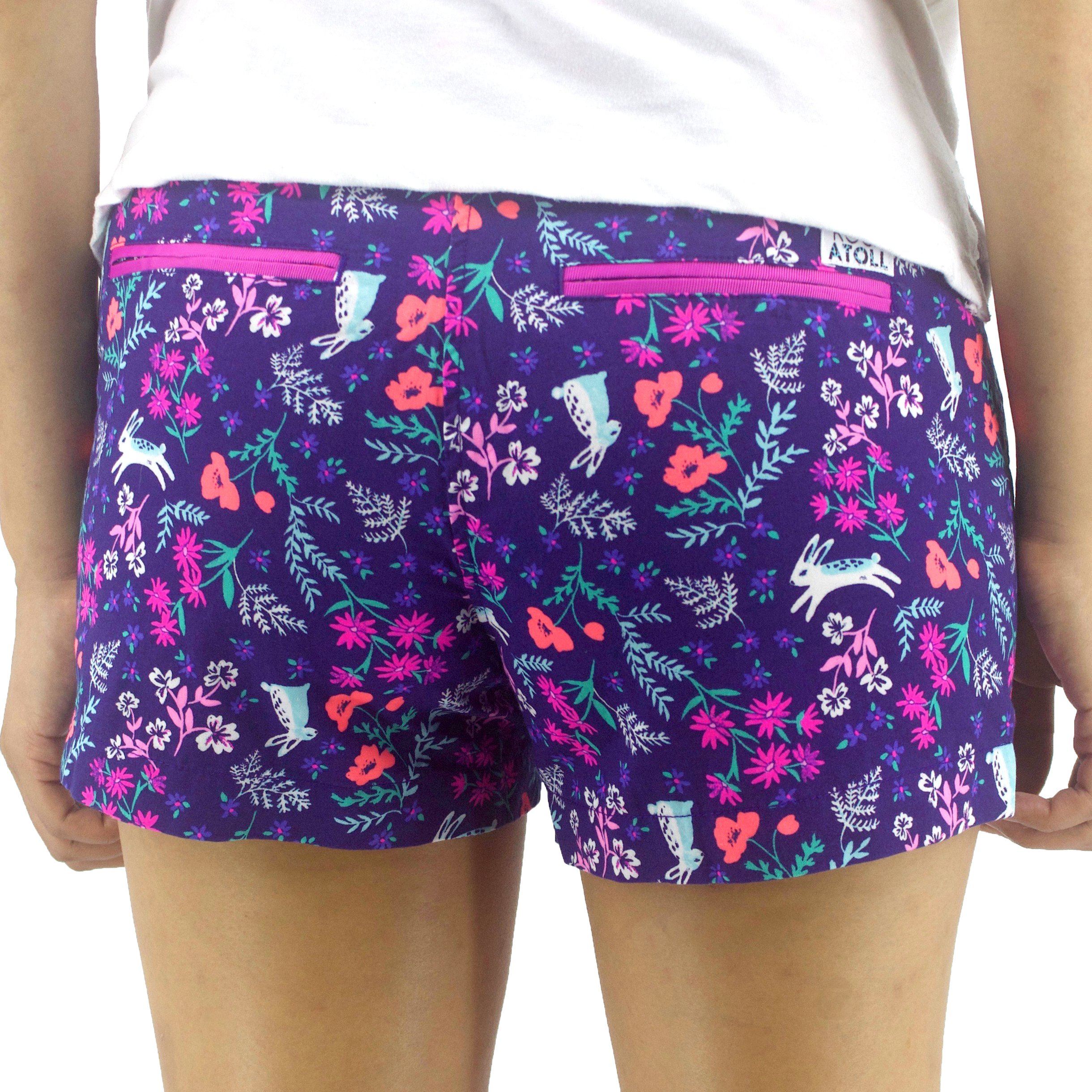 Colorful Bright Purple Bunny Rabbit Floral Flower Print Flat Front Chino Shorts