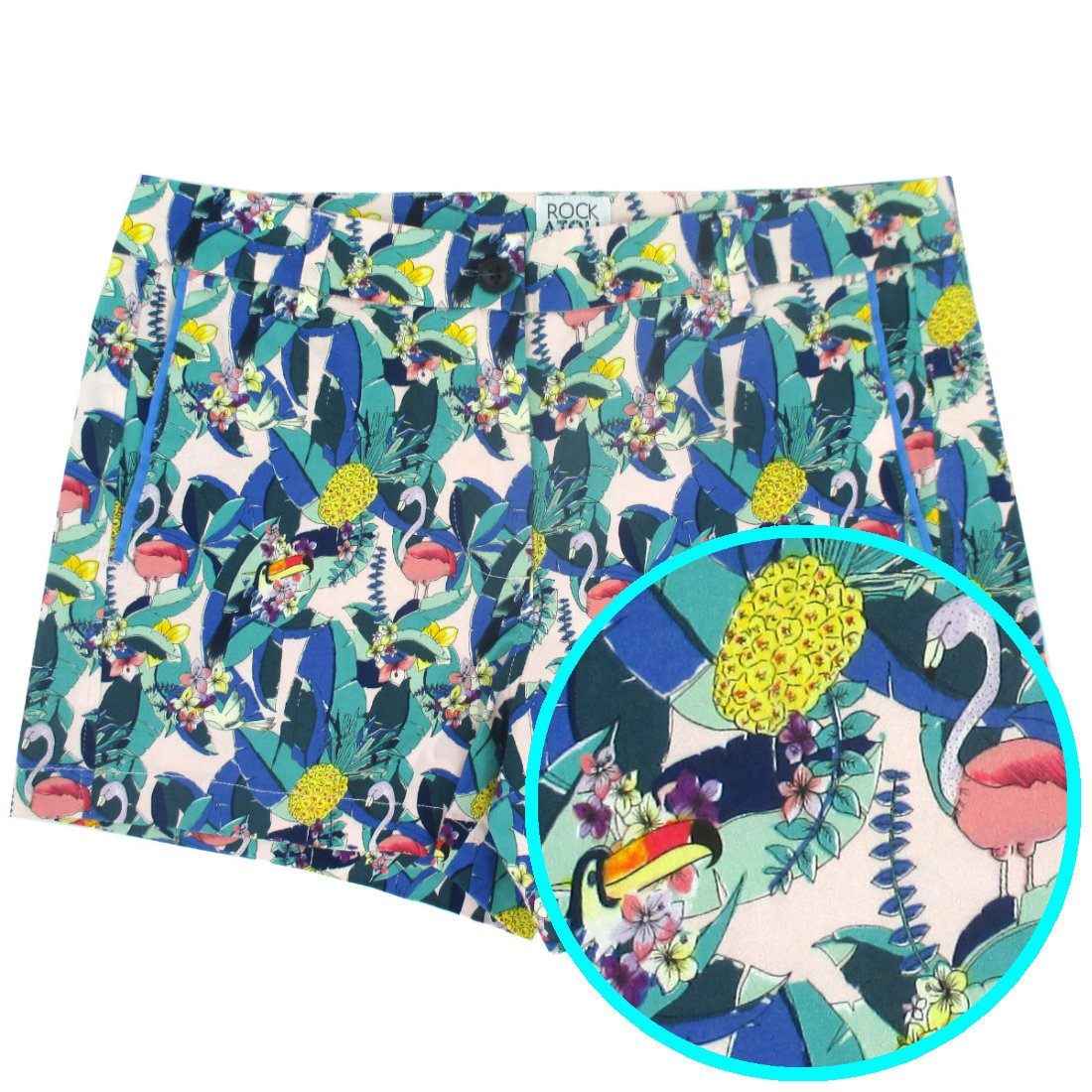 Bold Colorful Women's Casual Going Out Shorts in Loud Tropical Birds Toucan Flamingo Print