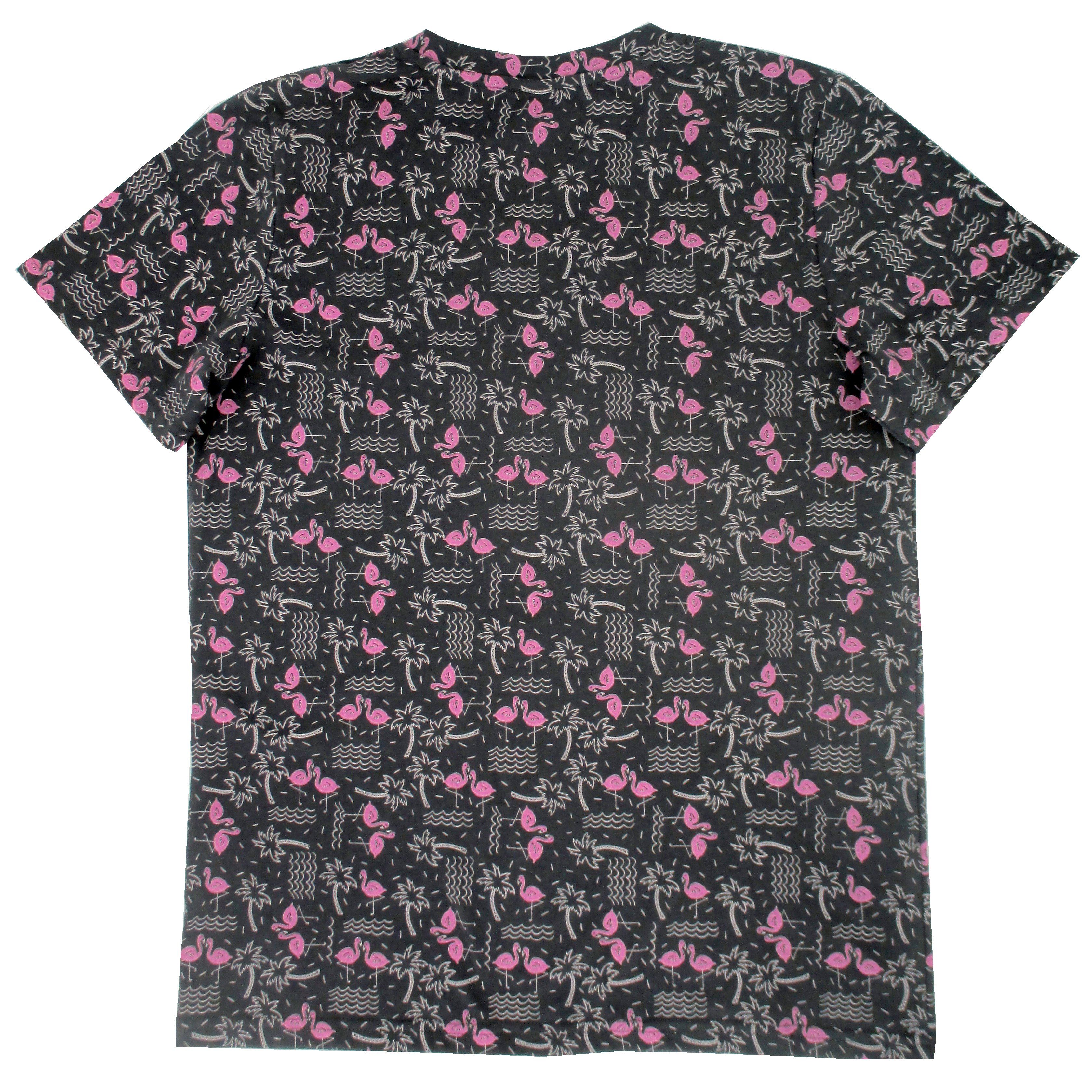 Round Neck Flamingo Palm Tree All Over Print Graphic Tee for Men Rock Atoll