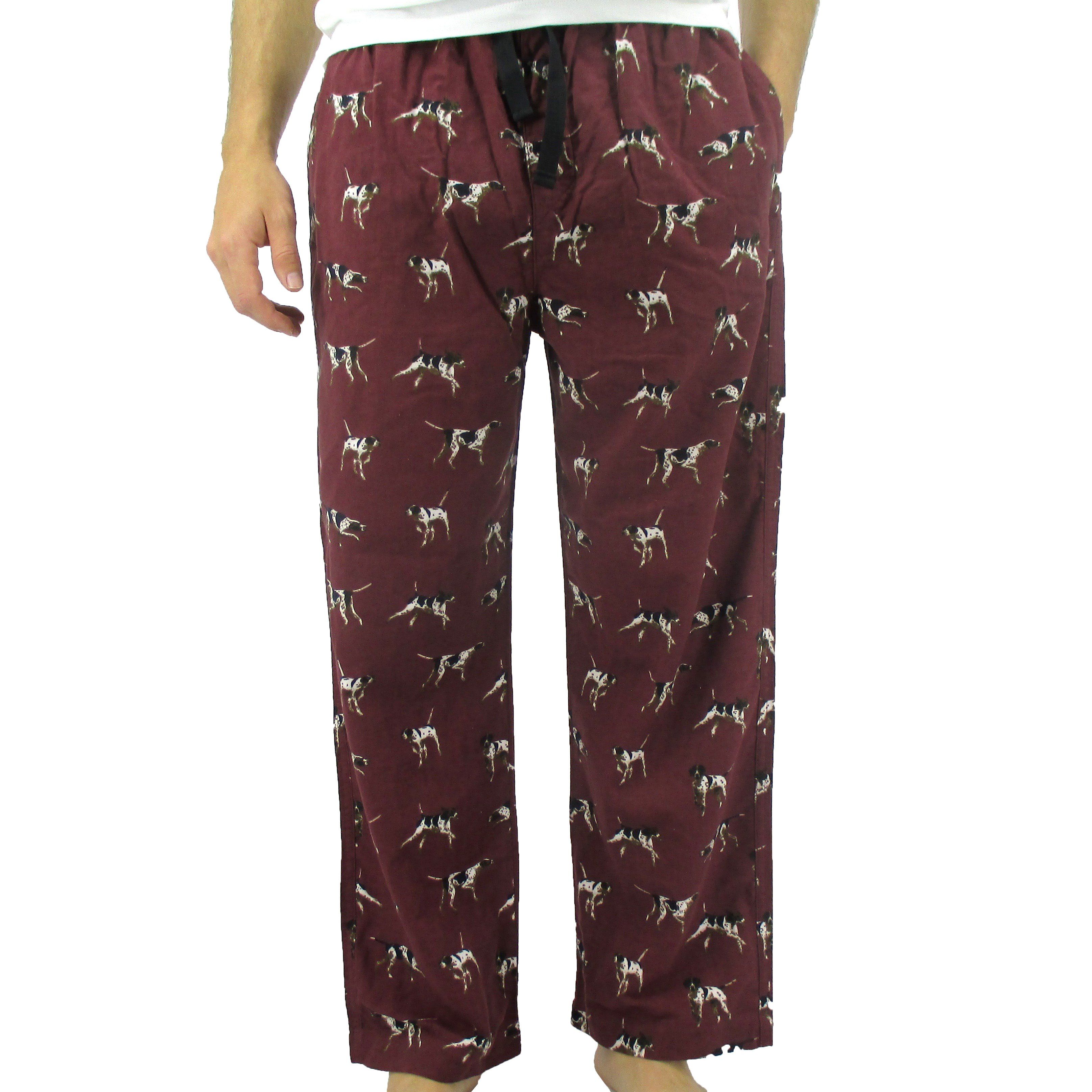 Rock Atoll Sleepwear. Men's Flannel Pyjama Bottoms with Bassett Hound Dog All Over Print in Dark Red