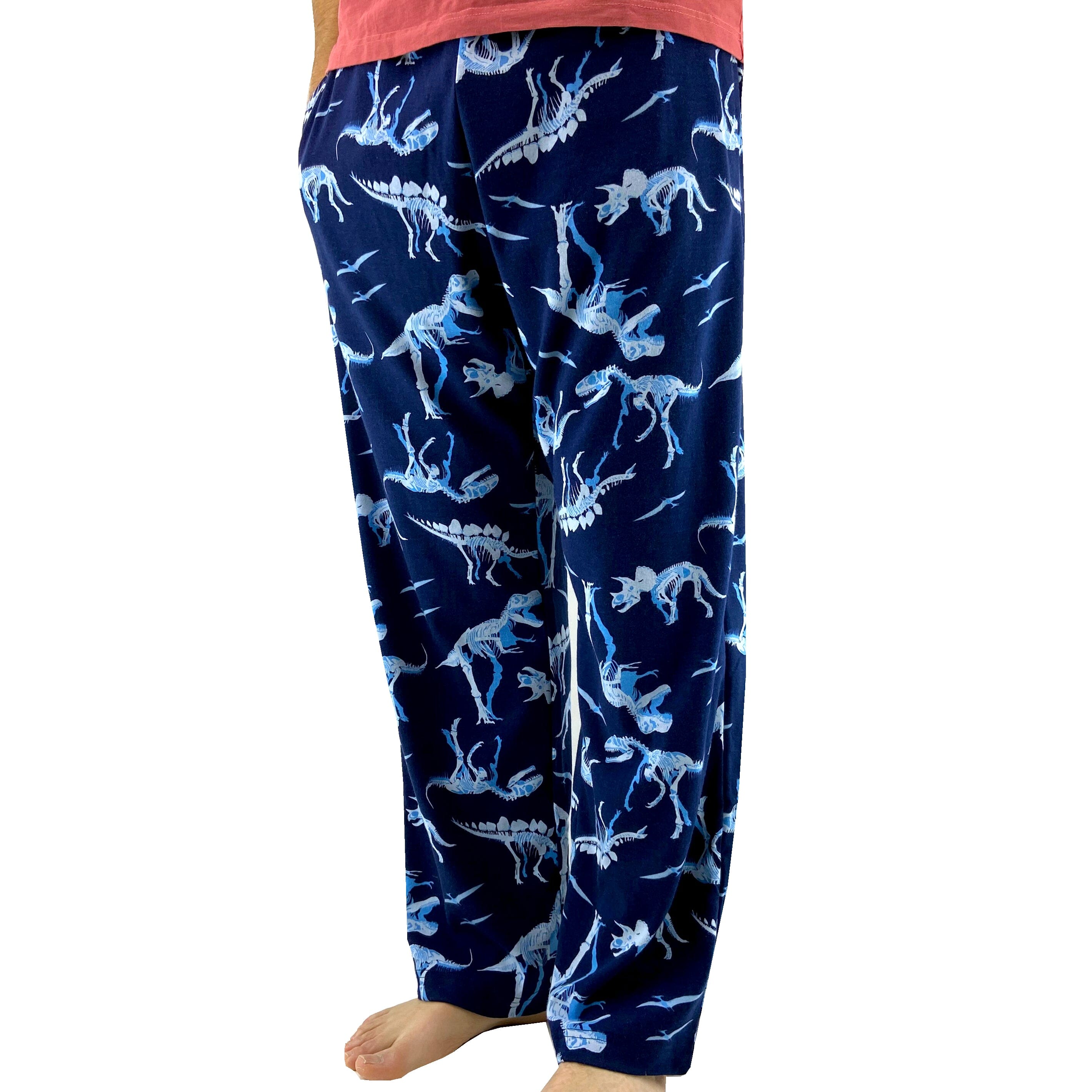 Men's Navy Blue Dinosaur Fossil Bones Patterned Knit Long Pajama Pants