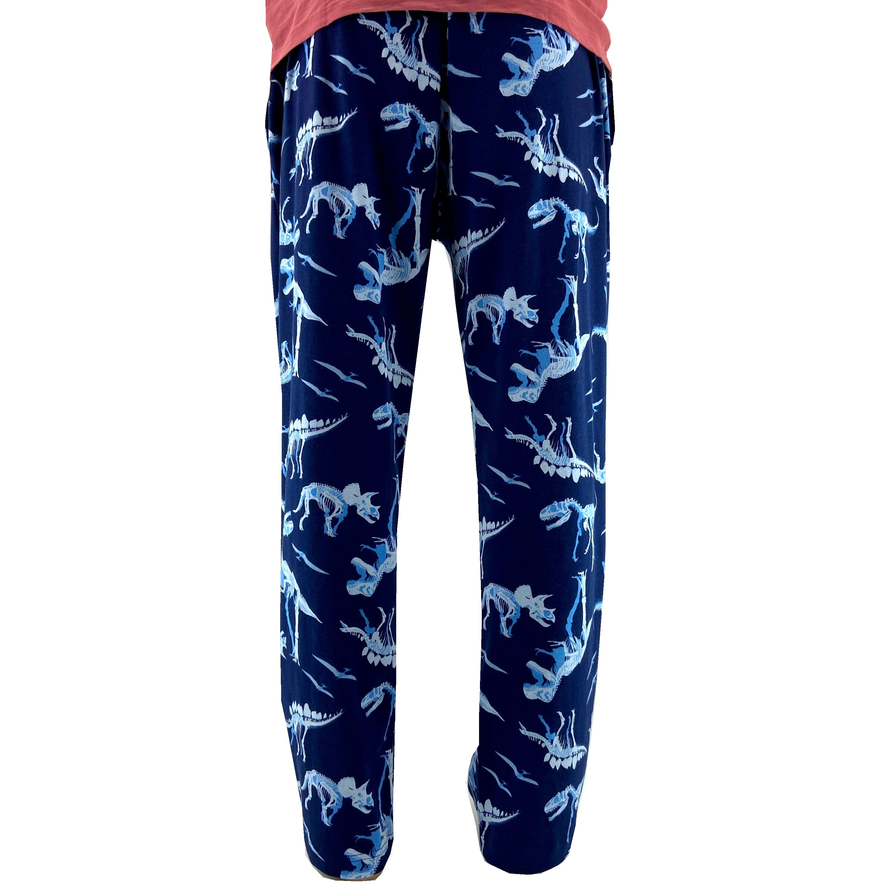 Men's Navy Blue Dinosaur Fossil Bones Patterned Knit Long Pajama Pants