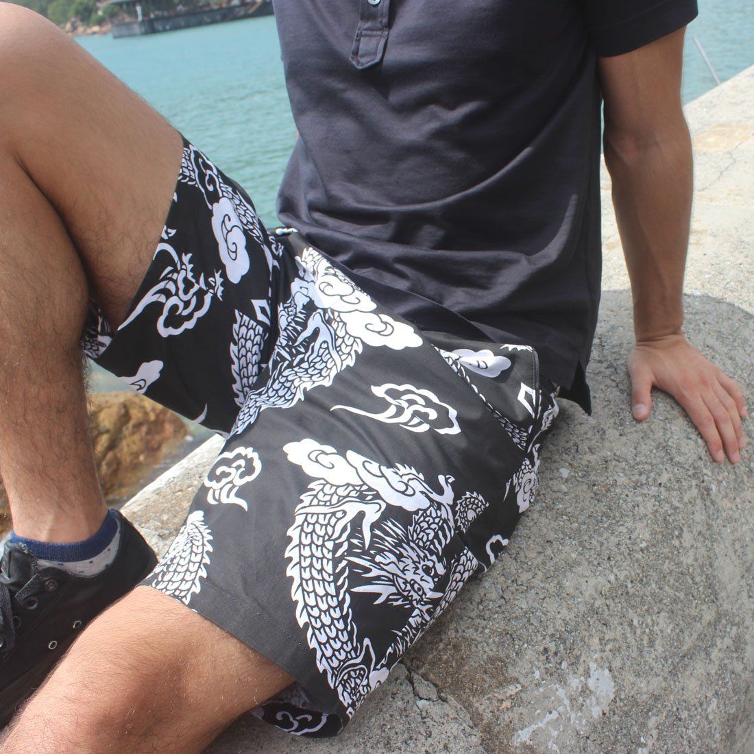 Dragon Print Men's Shorts in Black 10" Inseam