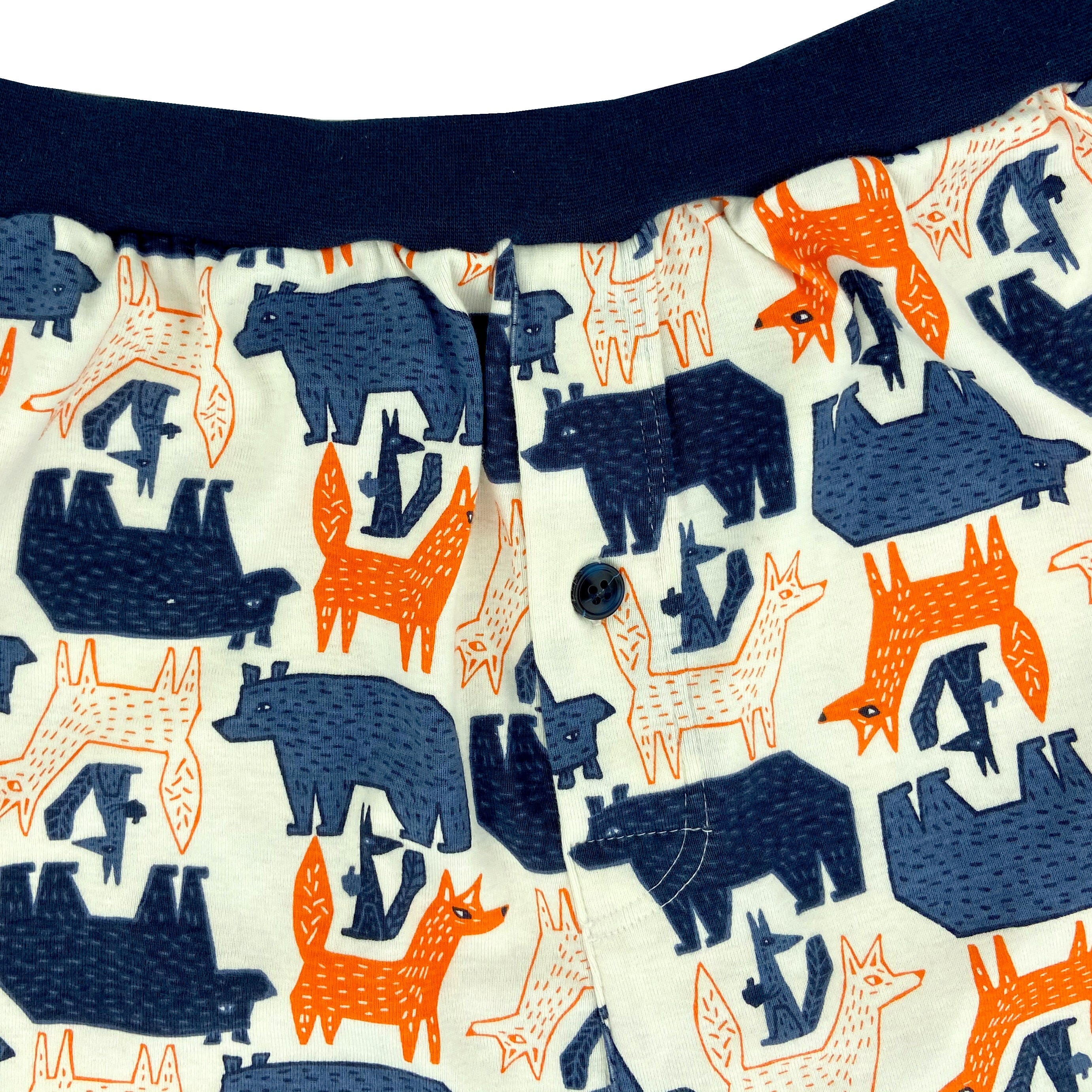 Comfy Cozy Cotton Knit Pajama Shorts with Boxer Button Fly in Bear and Fox Pattern