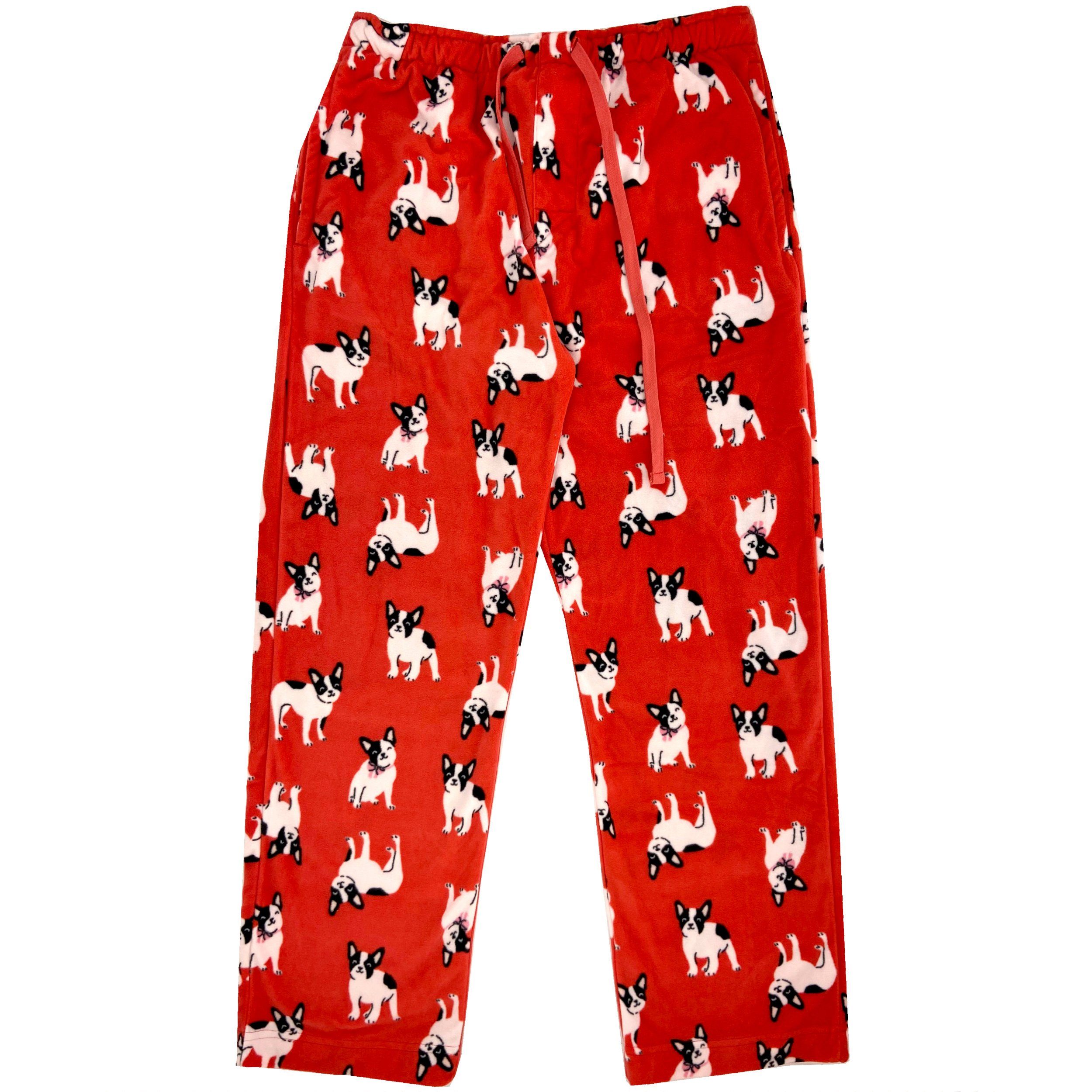 Men's Adult French Bulldog All Over Print Red Fleece Pajama Bottoms