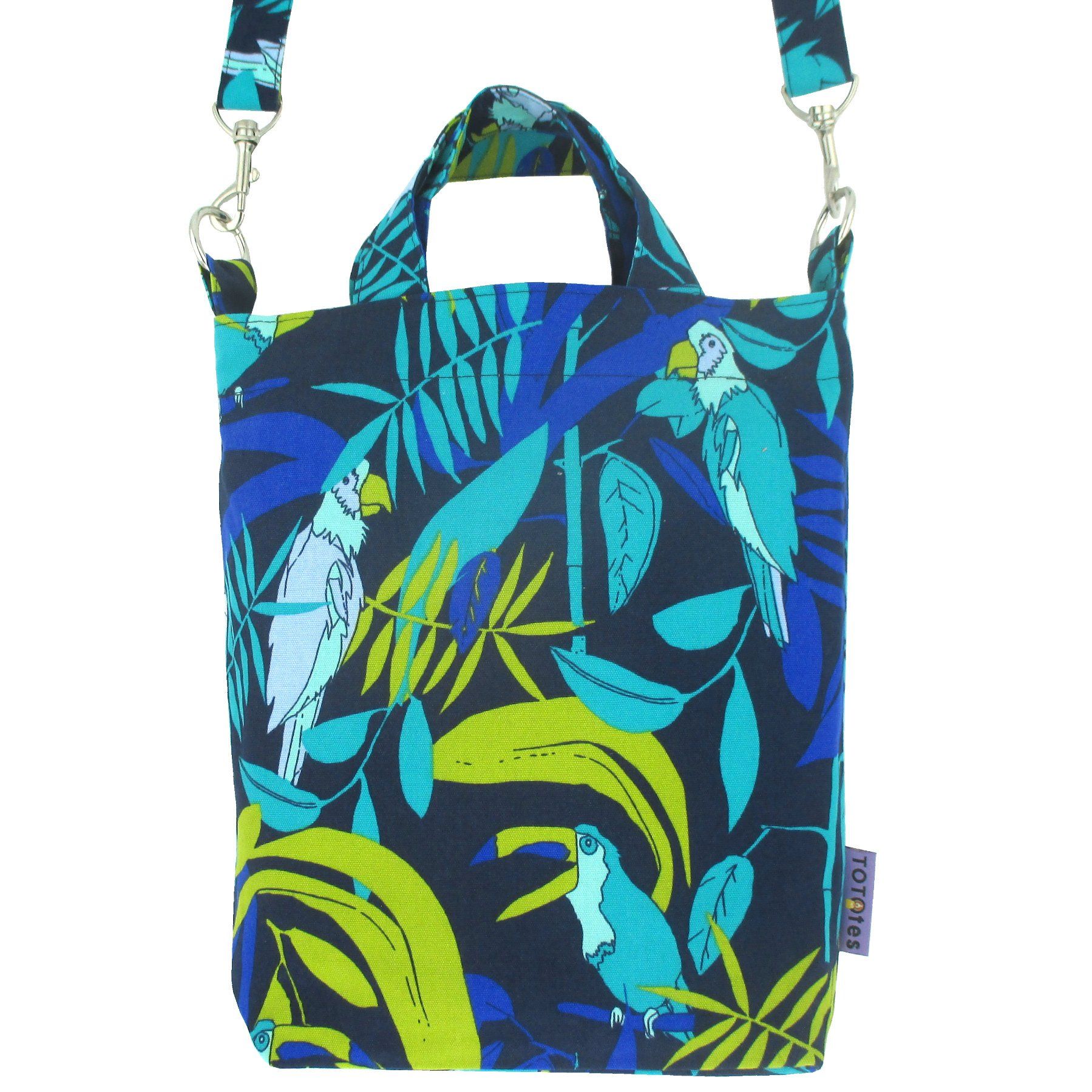 Blue Jungle Leaves Parrot Toucan Bird All Over Print Cotton Cross Body Duck Bag Tote