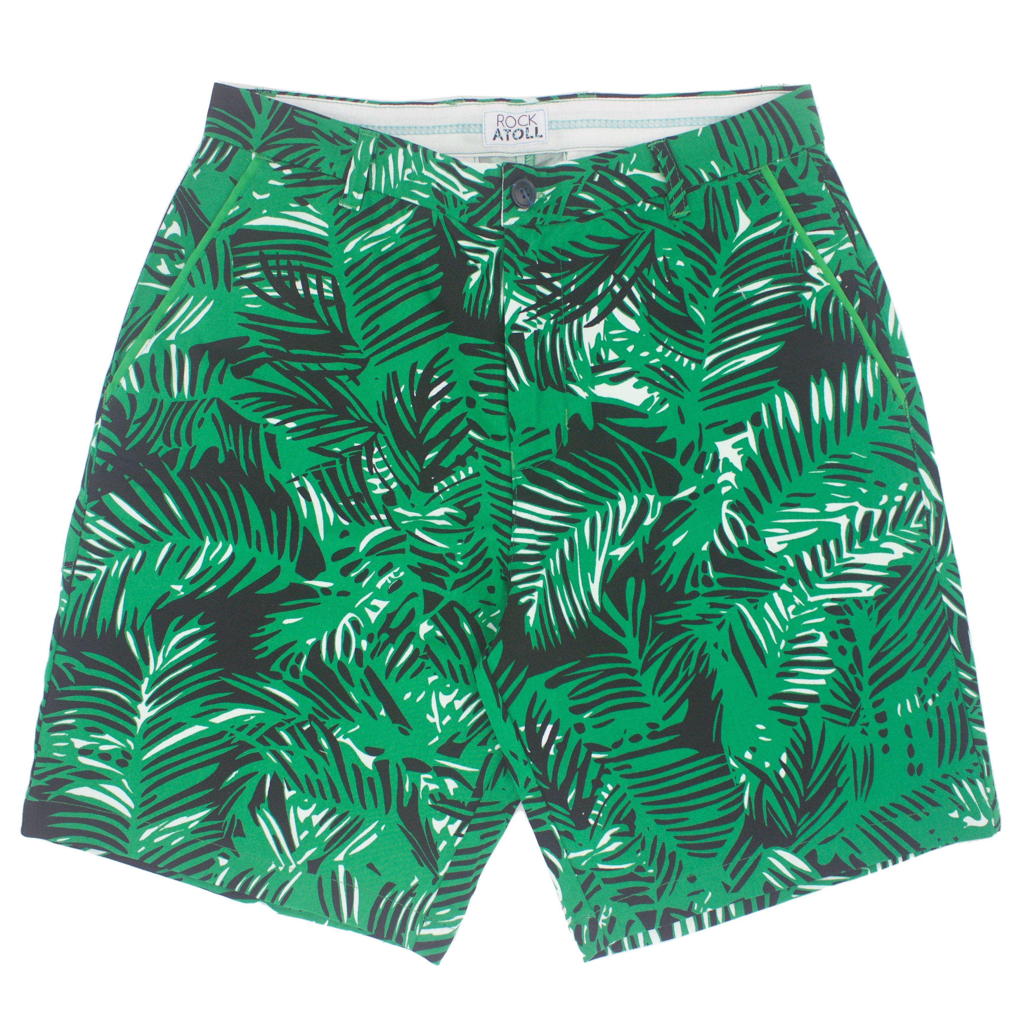 Bright Green Leaf Print Flat Front Men's Shorts