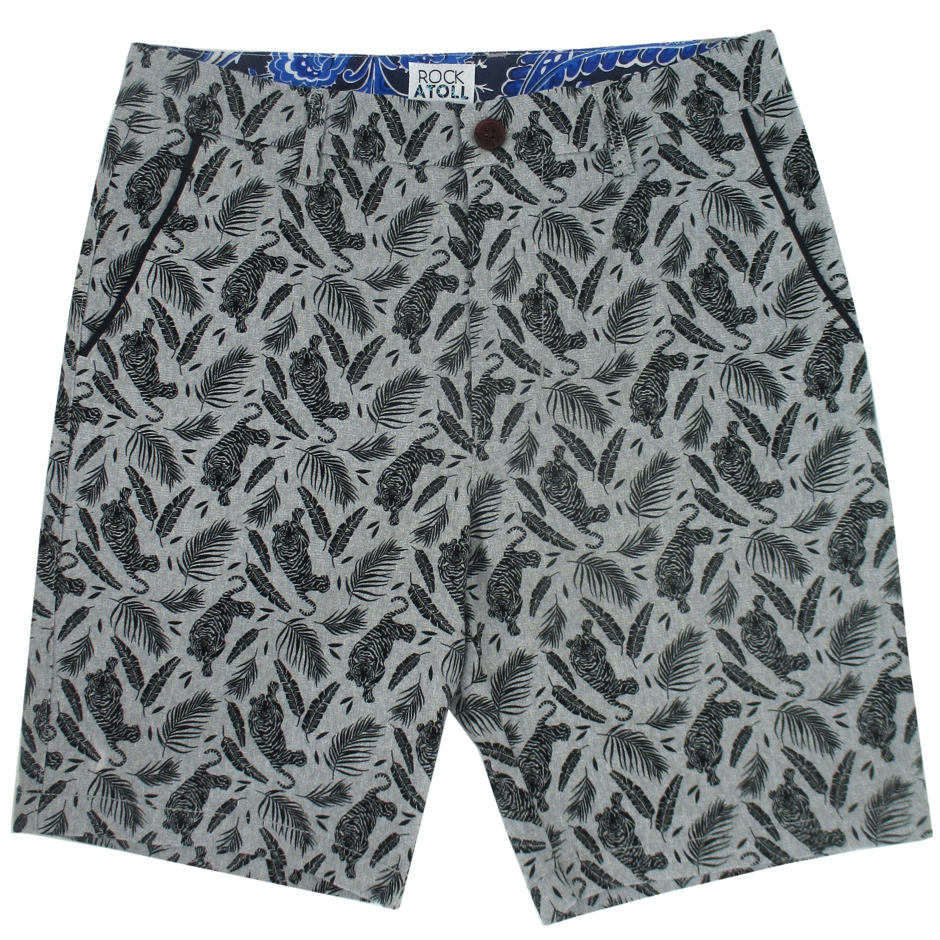 Rock Atoll Men's Flat Front Bermuda Golf Shorts with Black Grey Tiger All Over Pattern