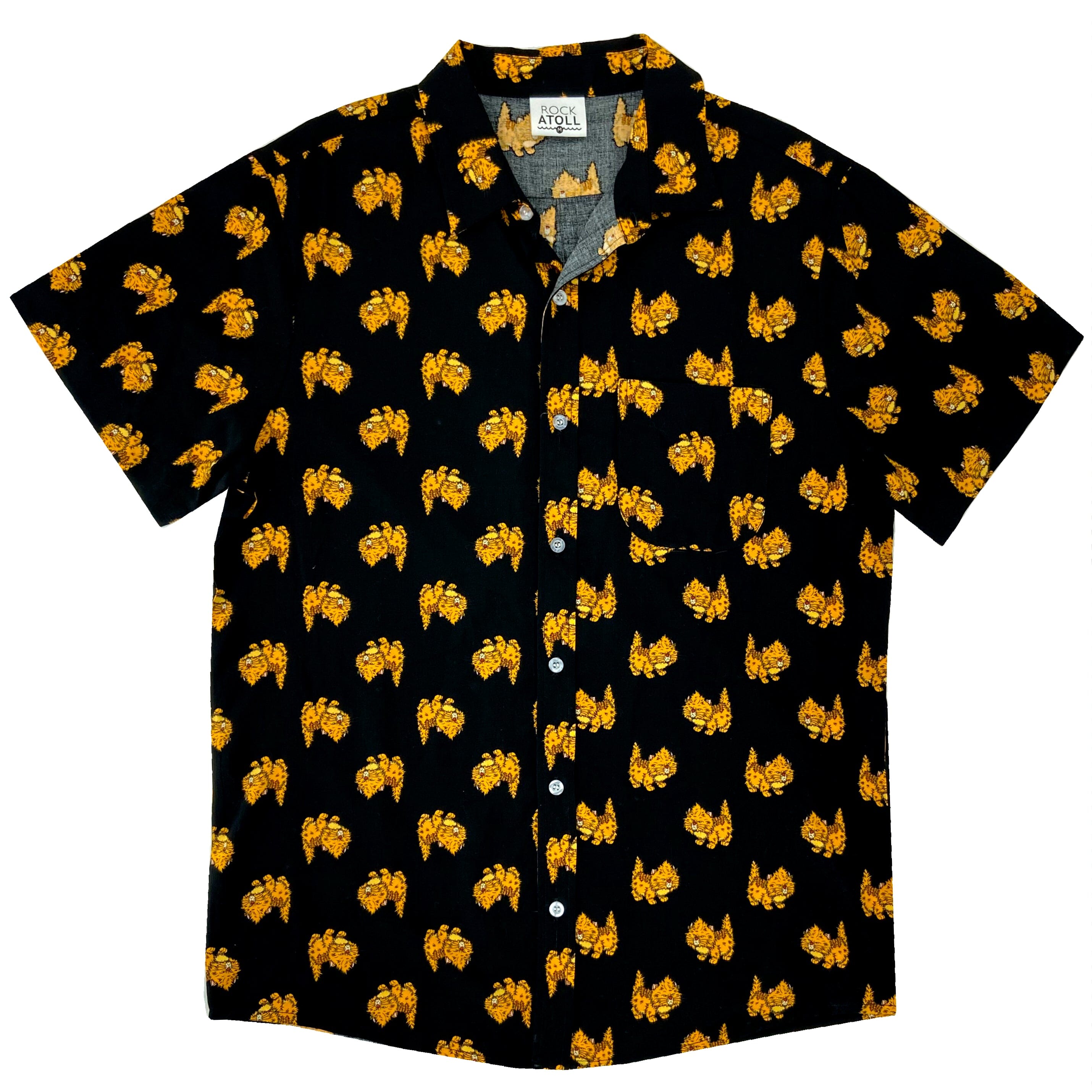 Men's Grumpy Kitty Cat Printed Black Button Down Short-Sleeve Shirt