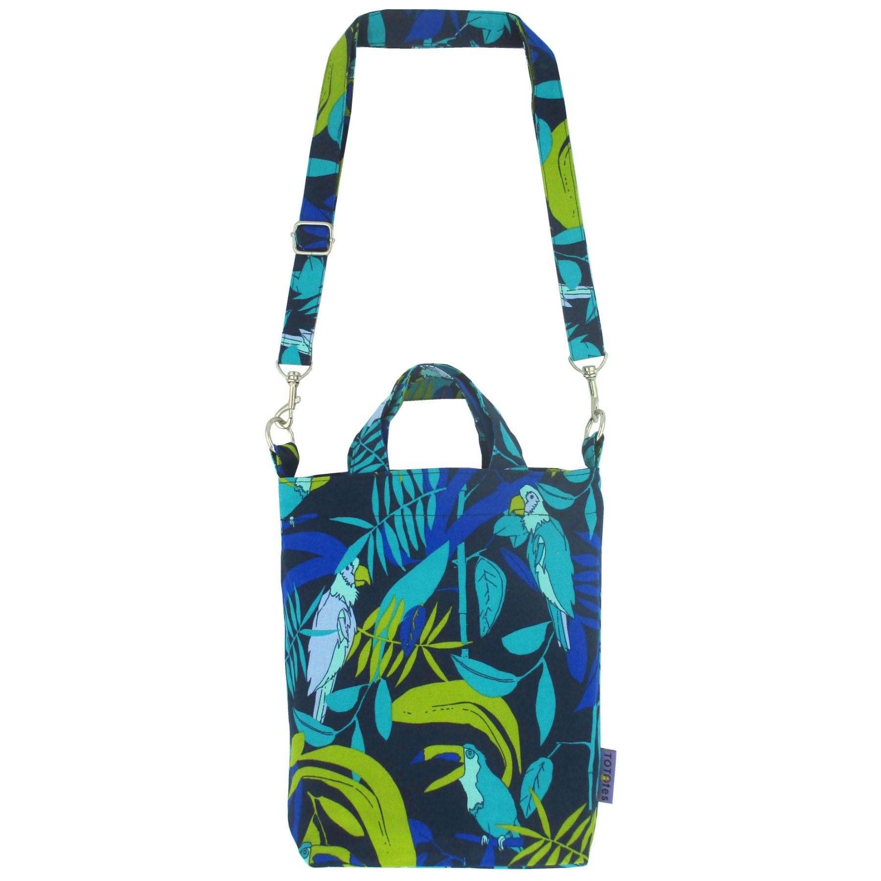 Blue Jungle Leaves Parrot Toucan Bird All Over Print Cotton Cross Body Duck Bag Tote