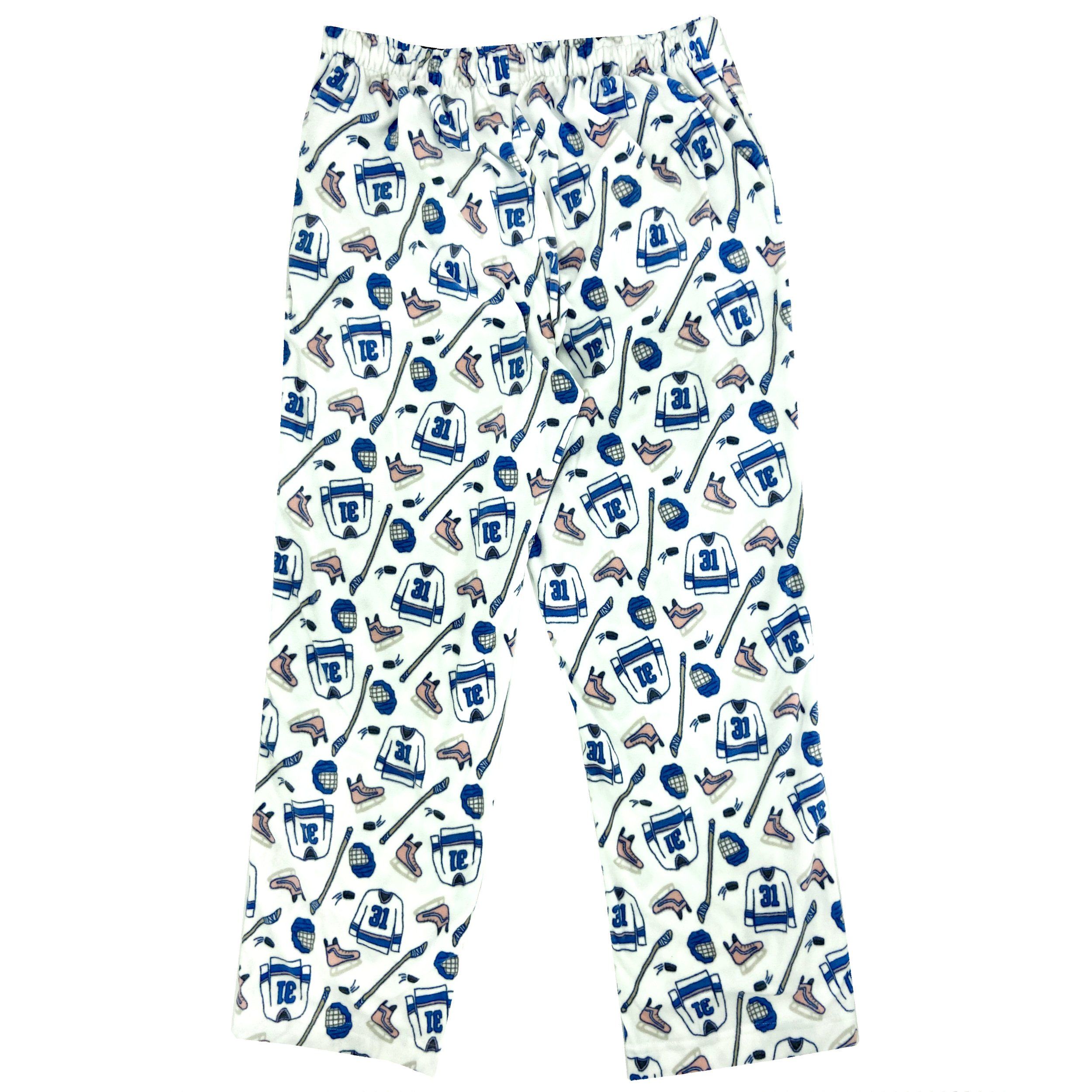 Men's Sport Lovers Patterned Ice Hockey Print Fleece Pajama Bottoms in White