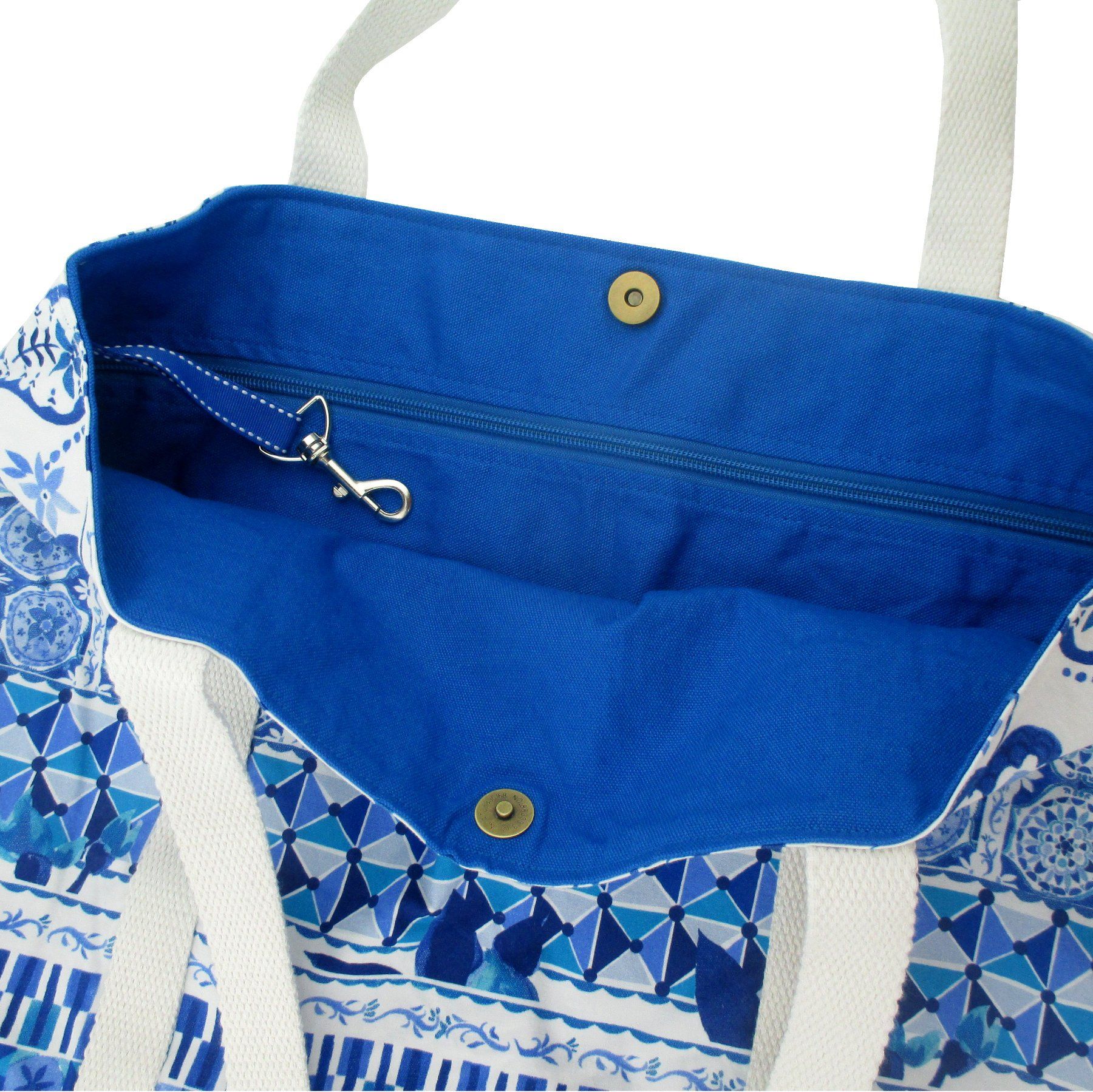 Blue White Floral Paisley Mosaic Print Large Market Shoulder Shopper Tote Bag