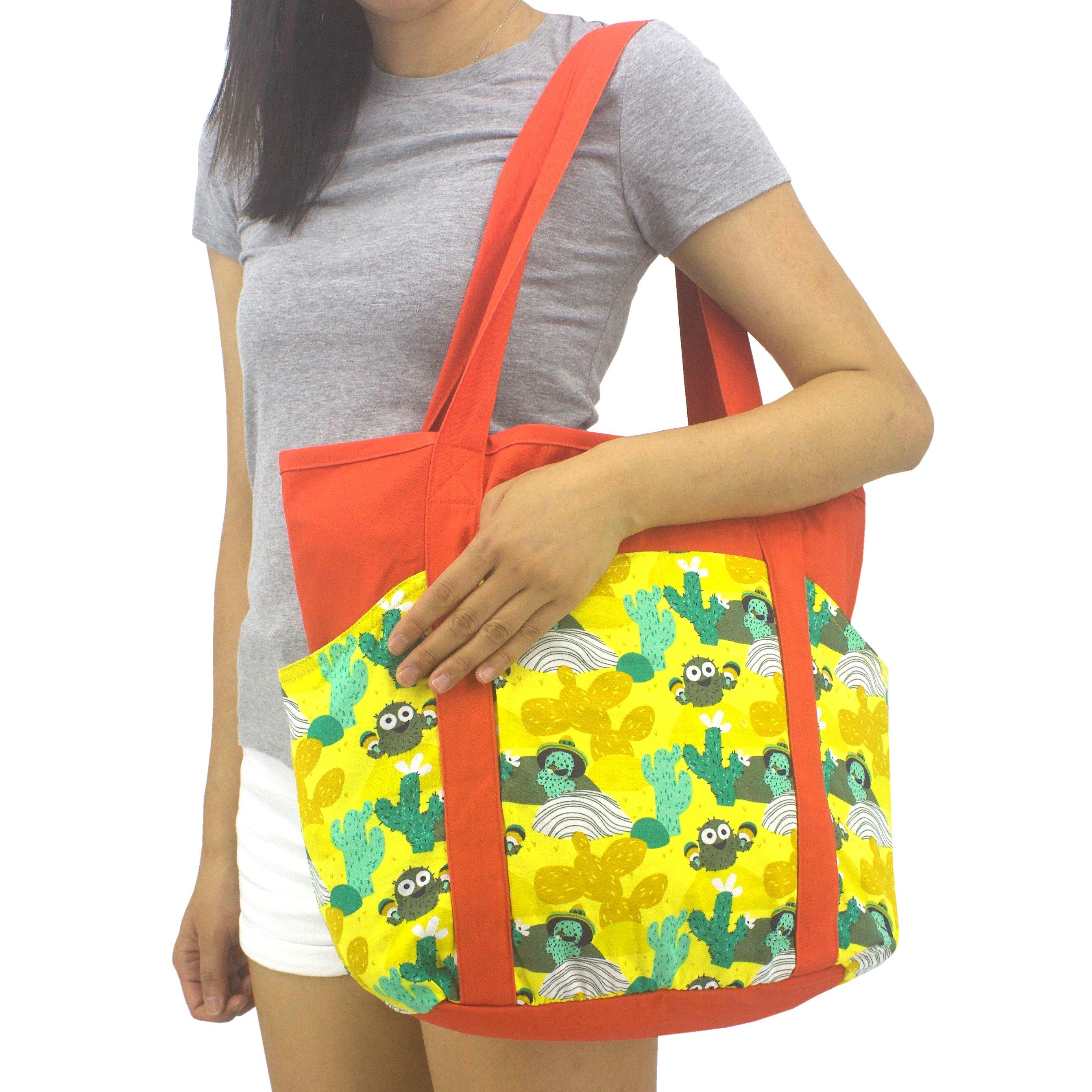 Bright Orange Desert Themed Cactus Pattern Large Utility Shoulder Tote Shopper Bag with Pockets