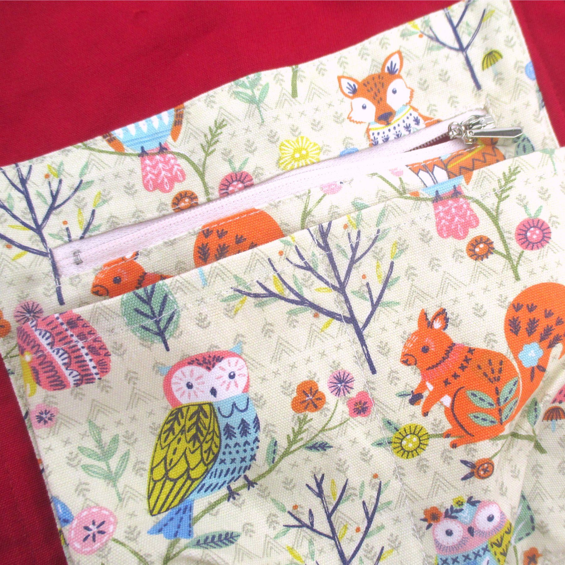 Woodland Creatures Animal Fox Owl Squirrel Print Pocket Cotton Shopper Market Tote