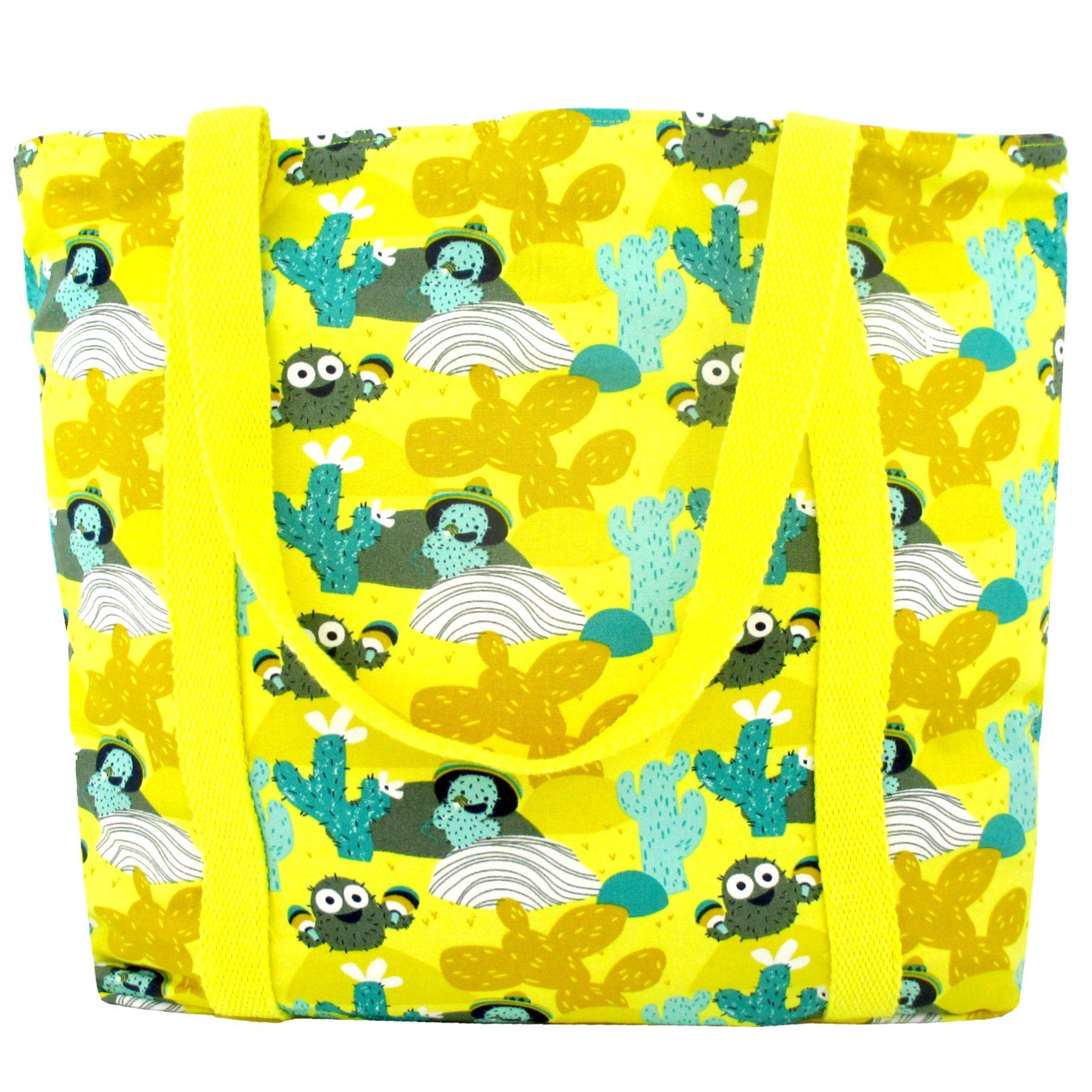 Bright Yellow Desert Cactus Print Large Cotton Market Shopper Tote Bag