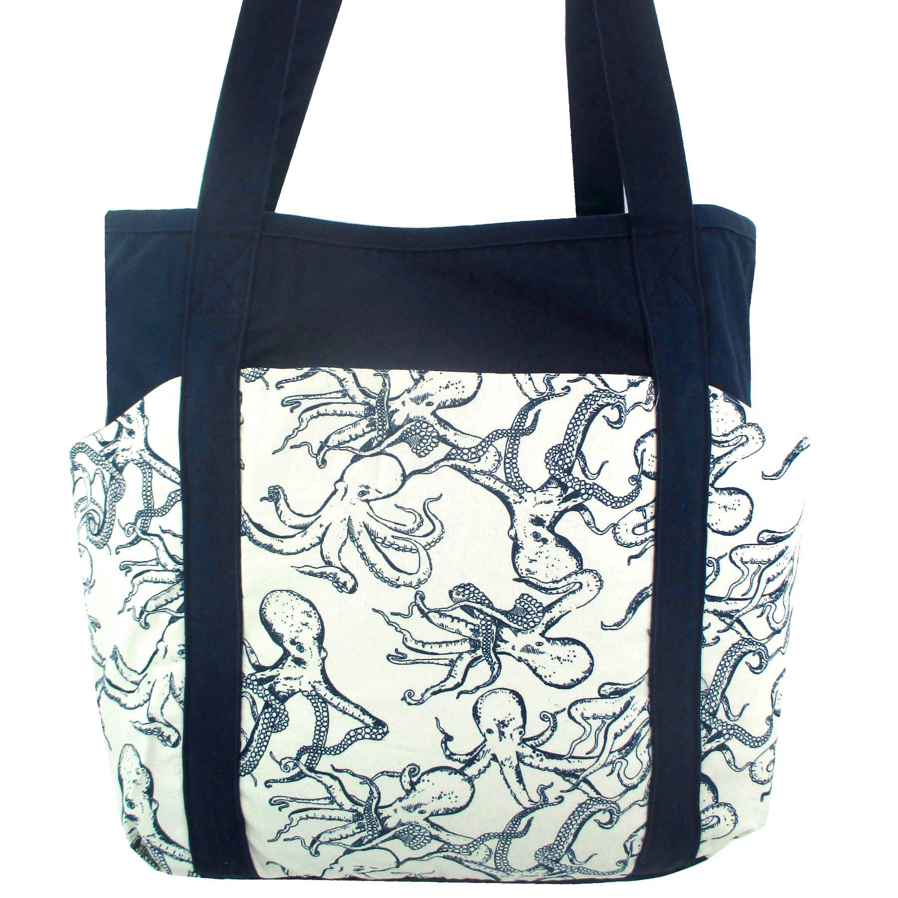 Octopus All Over Print Cotton Large Market Weekend Tote Bag in Blue or Purple