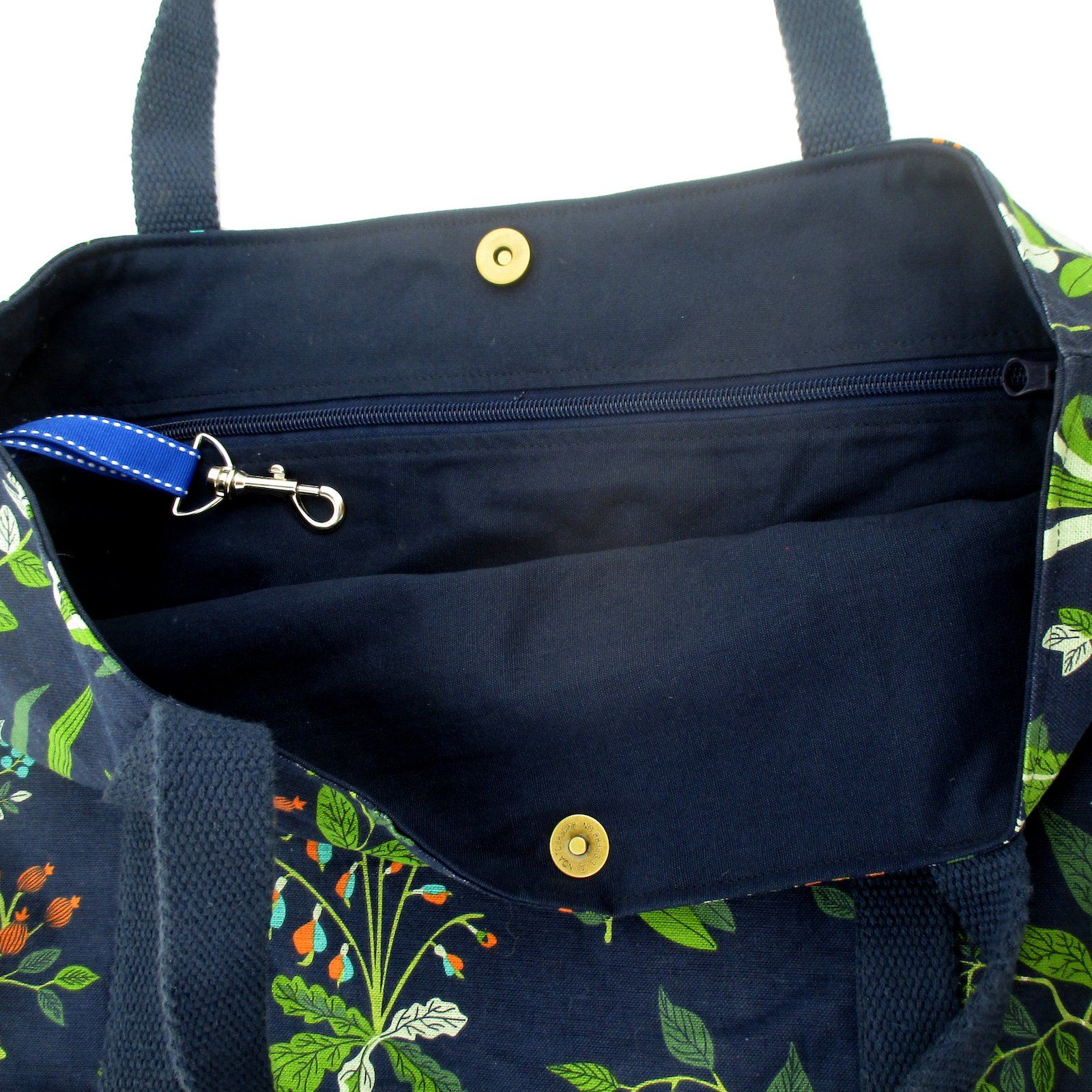 Floral Leaves All Over Print Market Wide Tote Bag with Zip Pocket in Blue