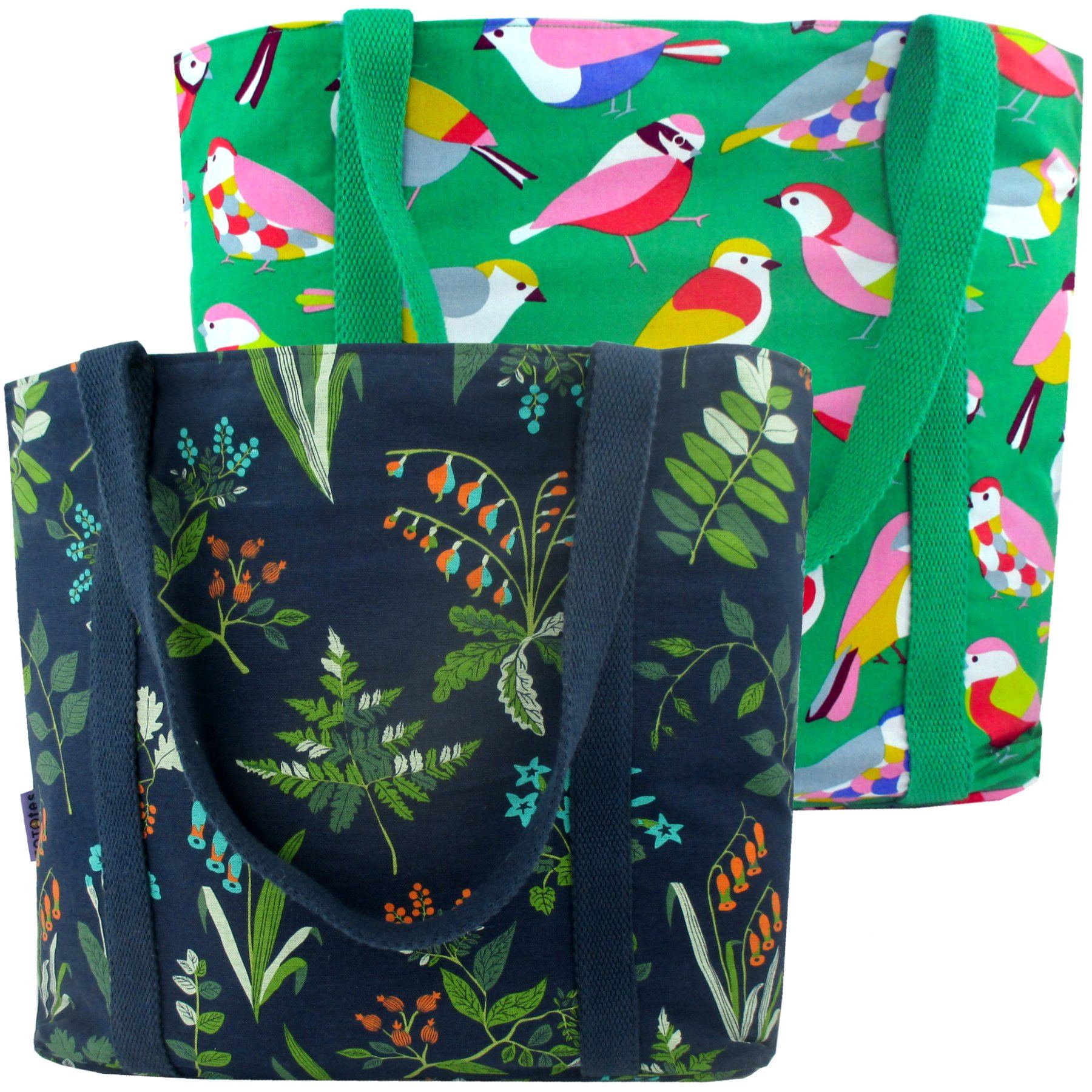 Colorful Green Bird Floral Leaves Nature Print Large Carry-All Shoulder Tote Bags Pack of 2