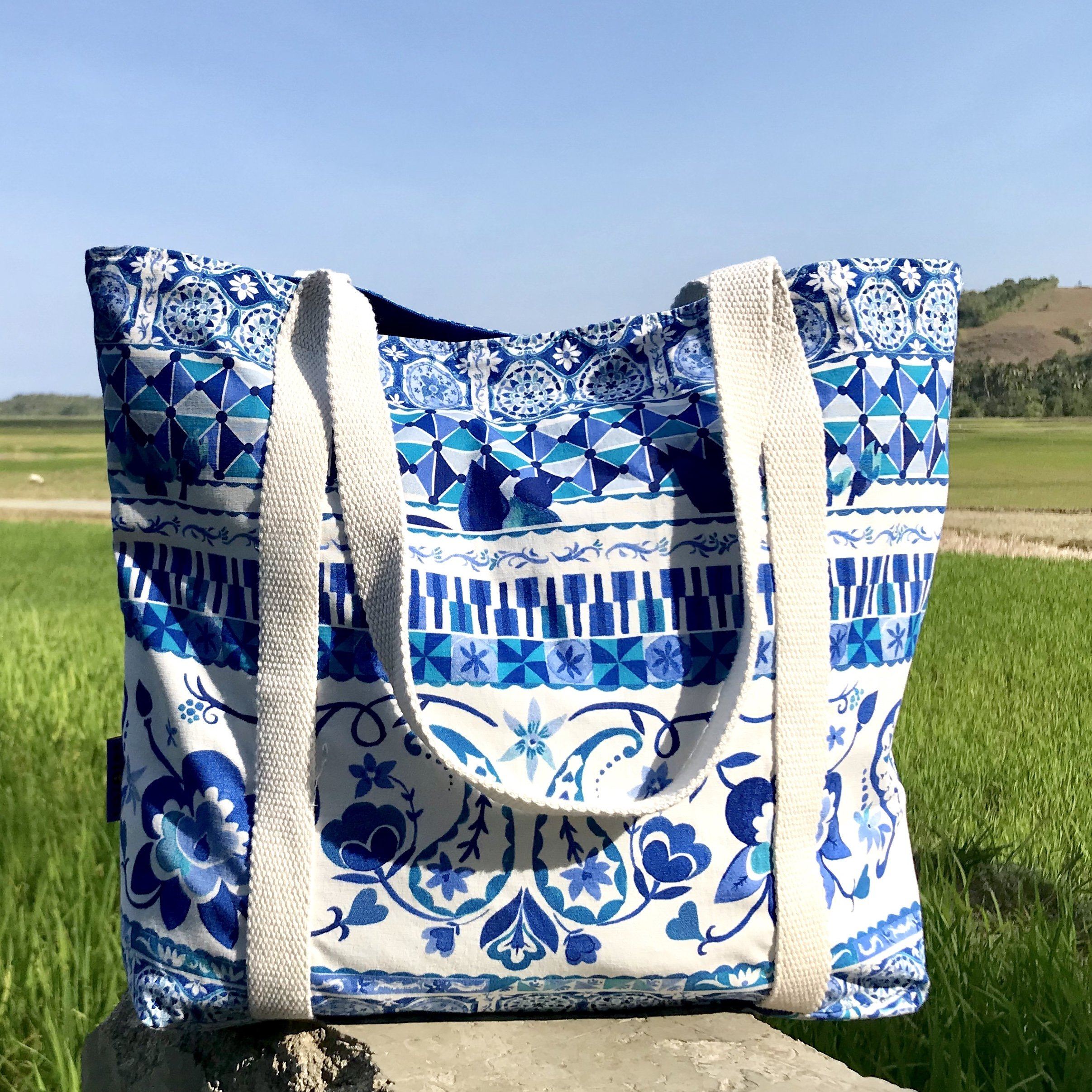 Blue White Floral Paisley Mosaic Print Large Market Shoulder Shopper Tote Bag