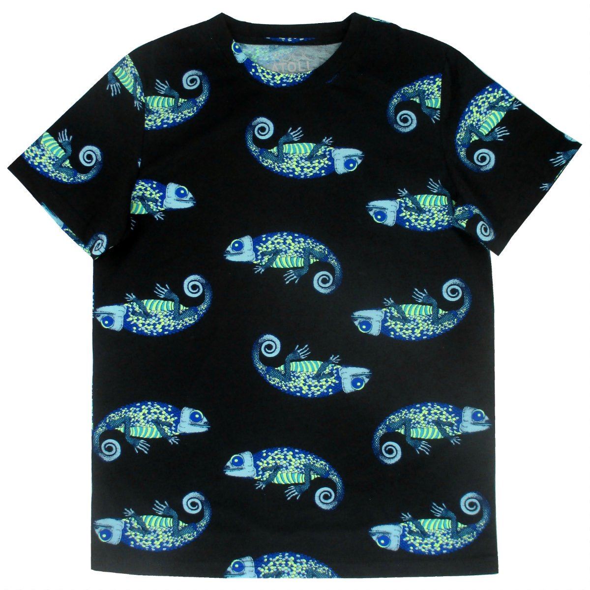 Rock Atoll Men's Neon Chameleon Iguana All Over Print Round Neck Tee T-Shirt in Black