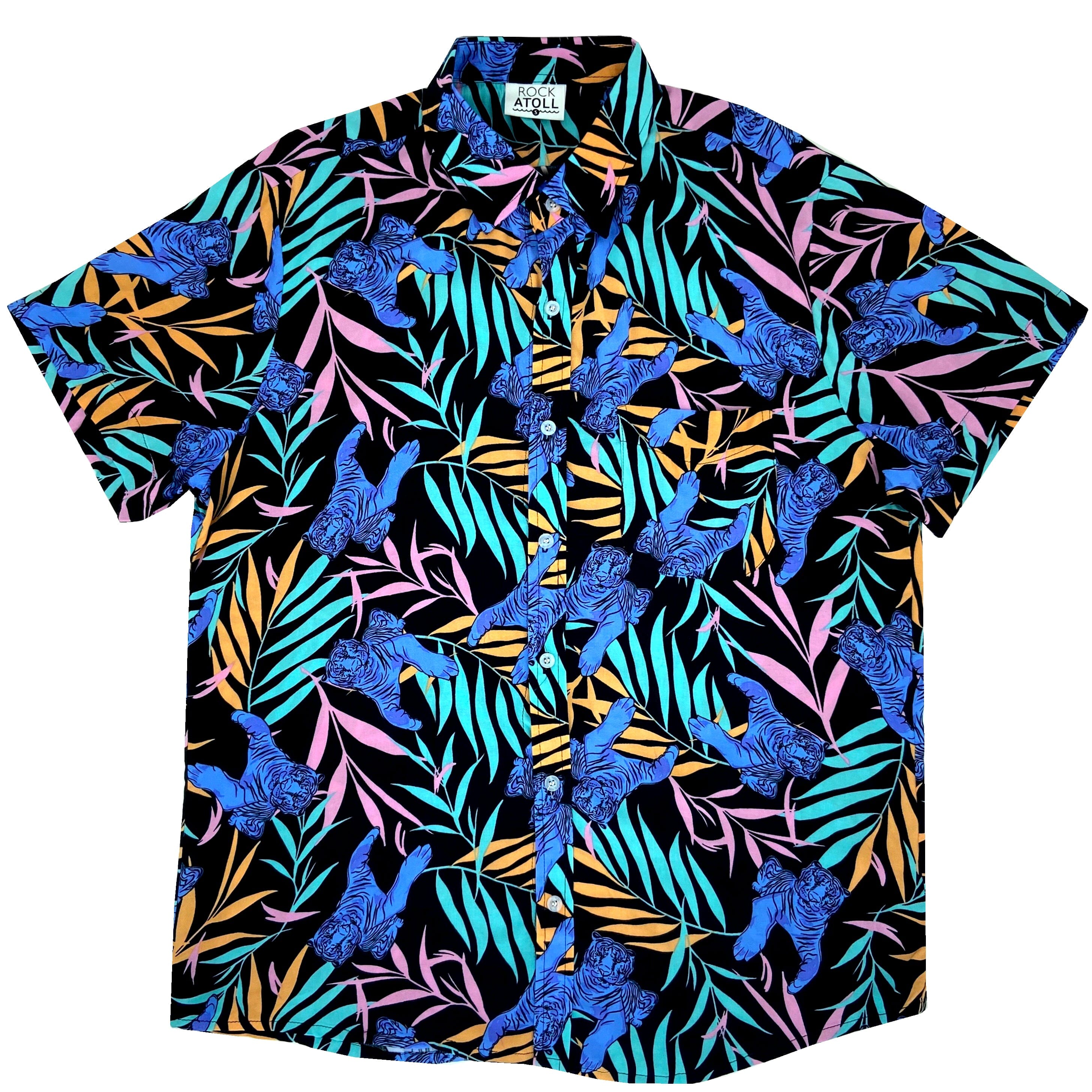 Men's Short Sleeve Button Down Tiger and Floral Print Hawaiian Shirt