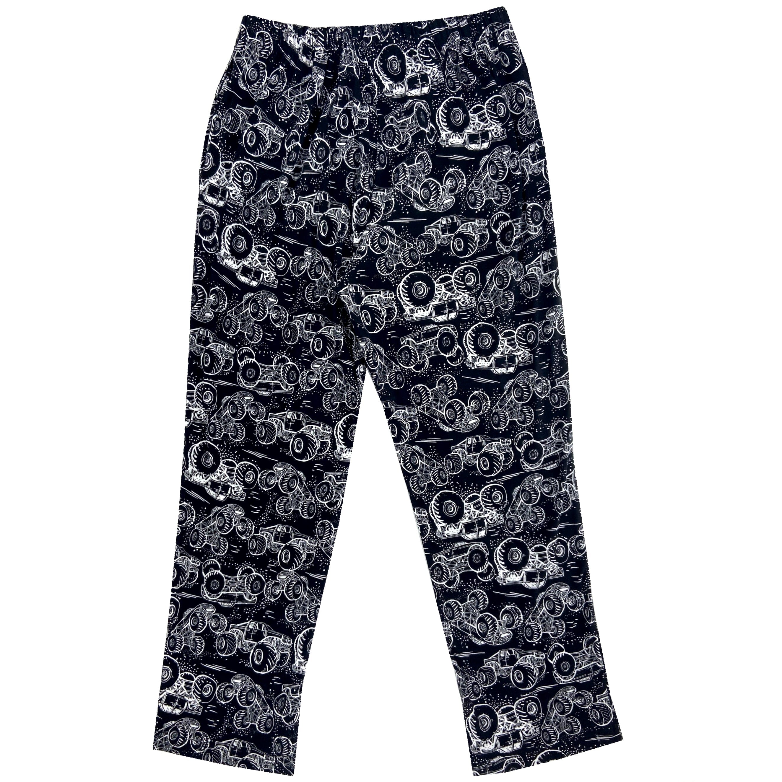 Men's Black Monster Truck Patterned Cotton Knit Long Pajama PJ Pants