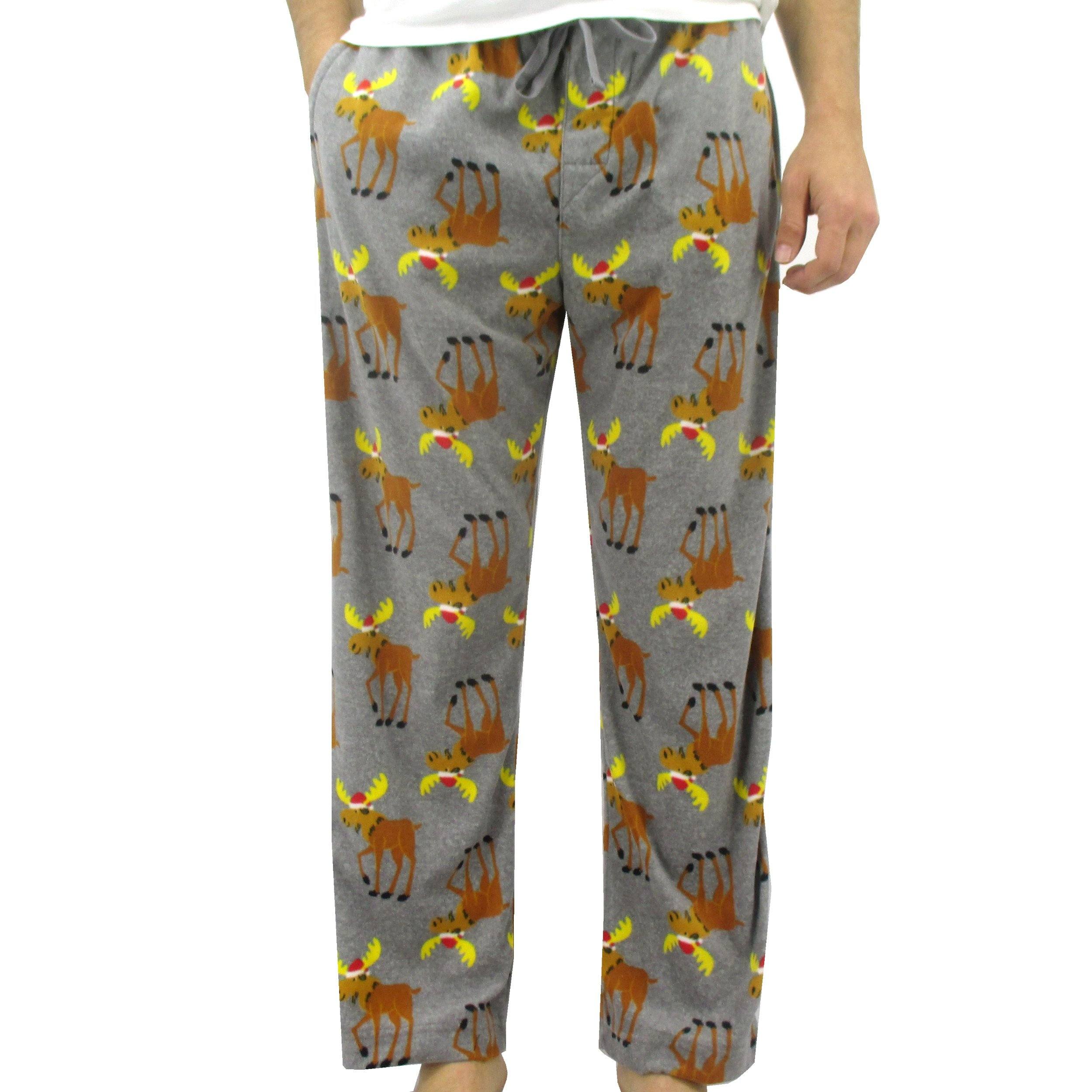 Fun Festive Fleece Pajama Pants for Outdoorsy Men. Moose All Over Print Sleep Bottoms