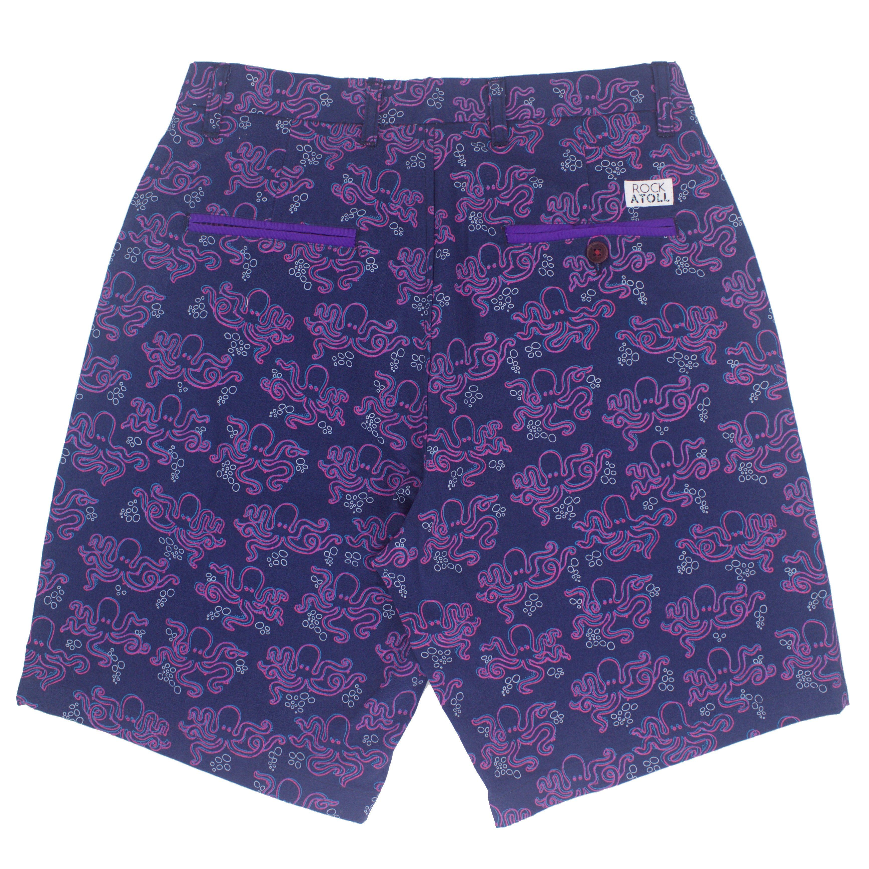 Octopus All Over Print Flat Front Shorts for Men in Purple Blue