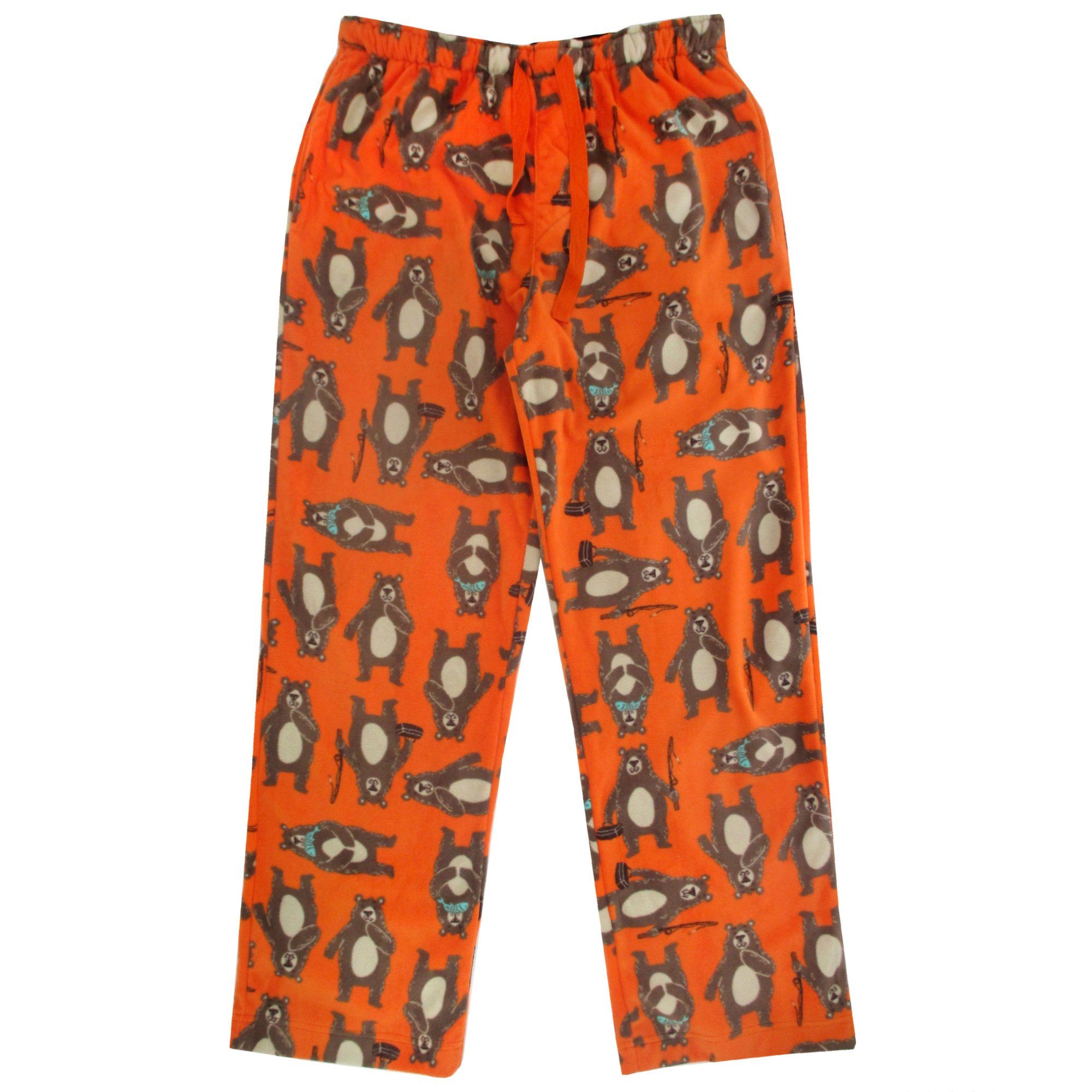 Men's Comfy Soft Warm Fleece Sleep Pants with Pockets in Bear Fishing Pattern