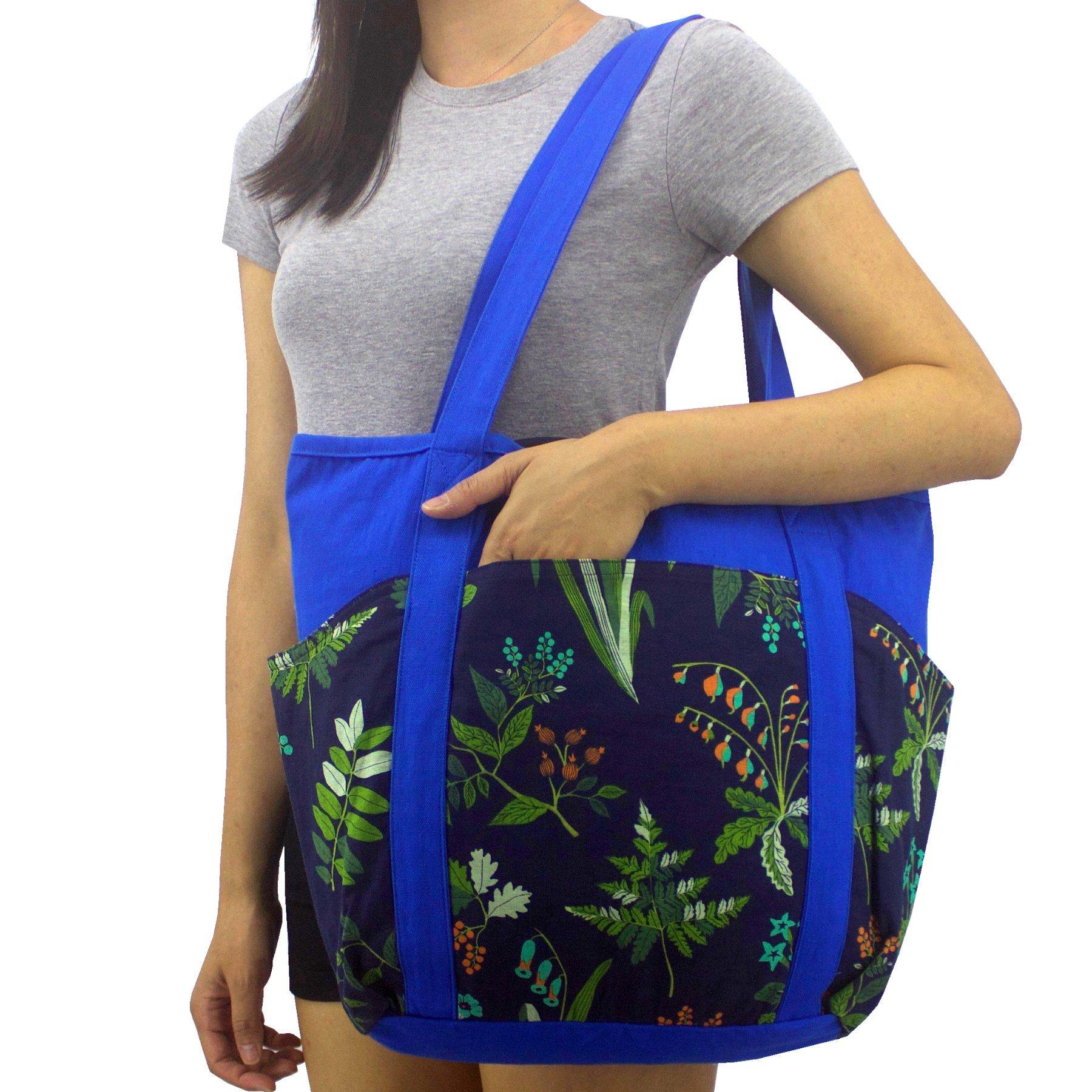 Blue Green Leafy Plant Floral Print Cotton Diaper Weekend Tote Handbag