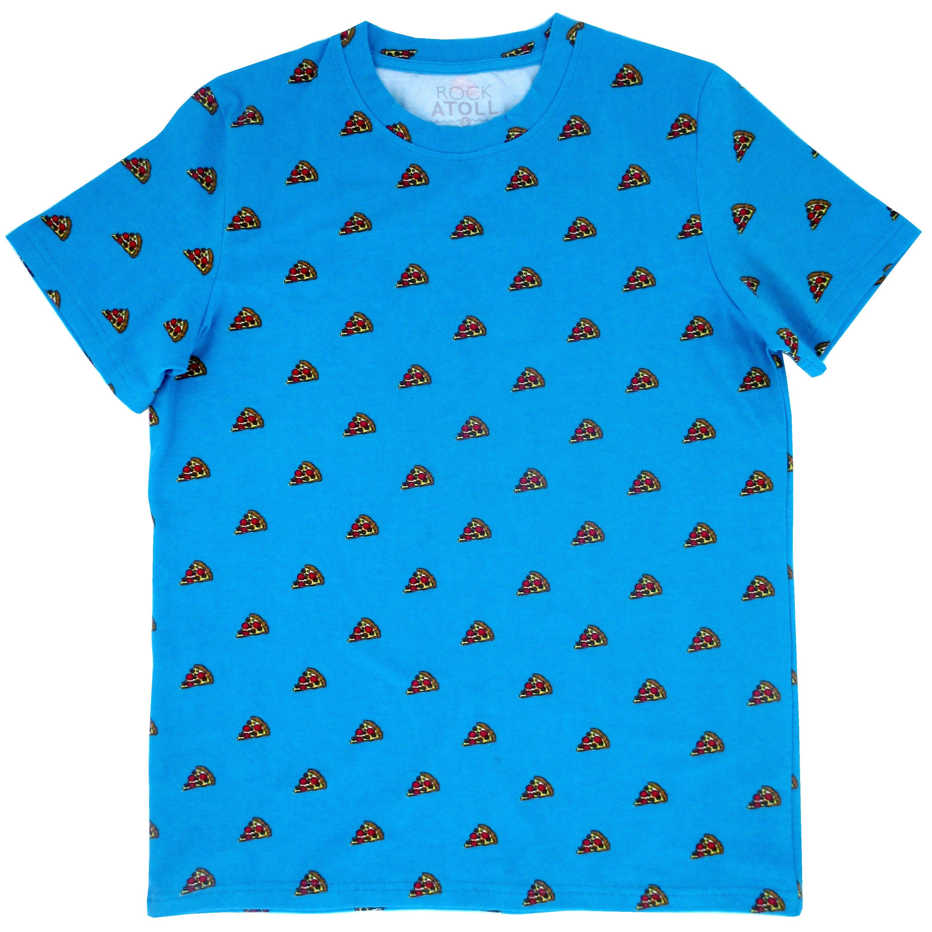 Round Neck Pizza Lover Pizza Slice Patterned Graphic Tee in Teal Blue