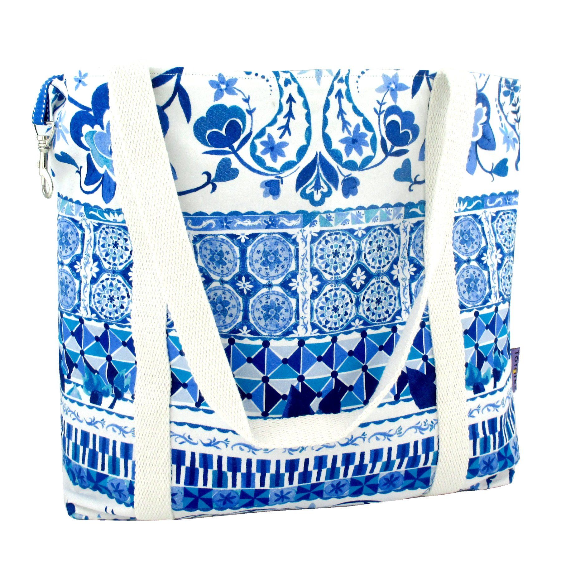 Blue Floral Paisley Mosaic All Over Print Pretty Canvas Tote Bag in White and Blue