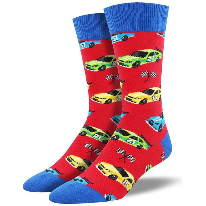 Bright Red Unisex Pit Stop Fancy Race Car Themed Novelty Crew Socks