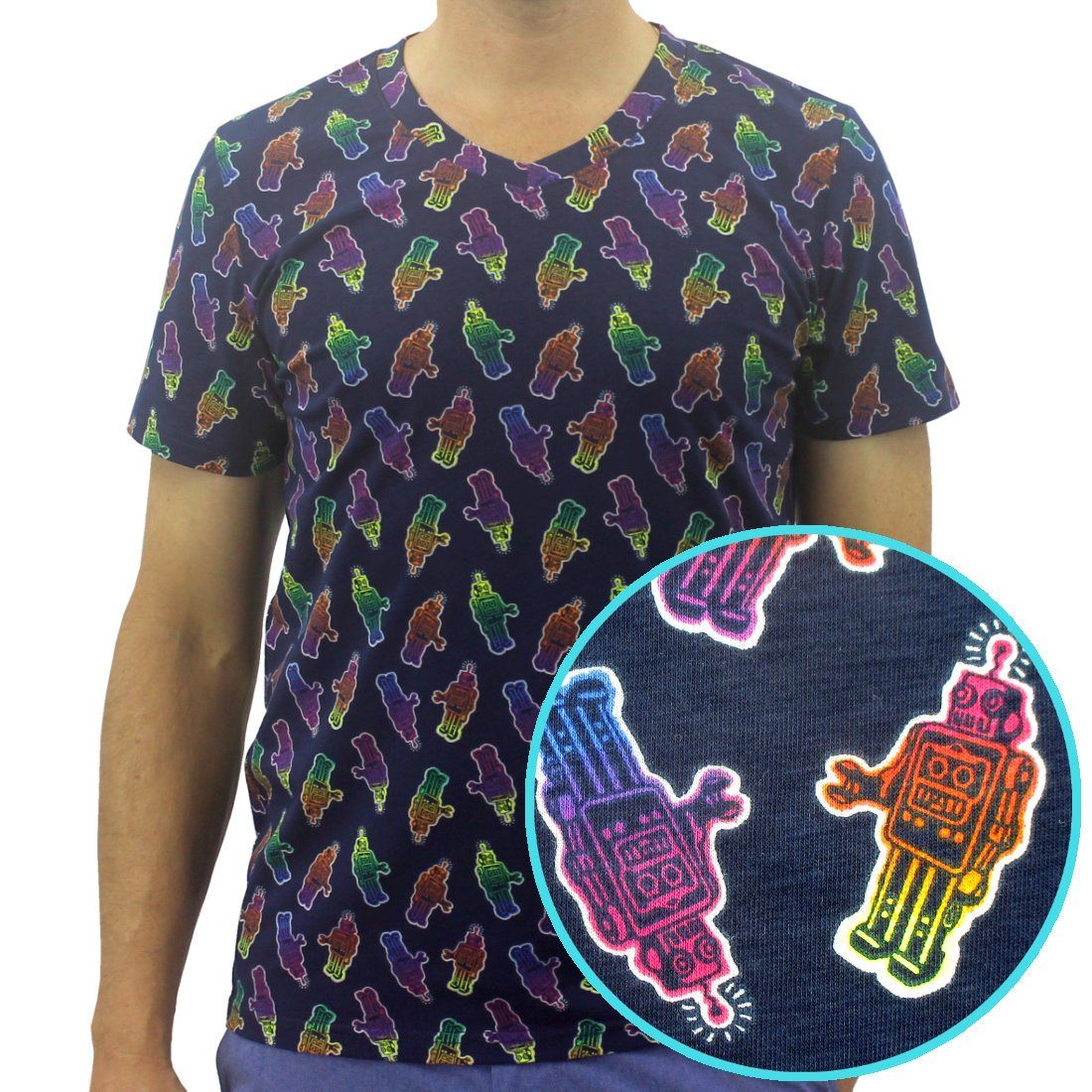 Men's V-Neck Robot Gummy Bears Patterned T-Shirts in Navy Blue