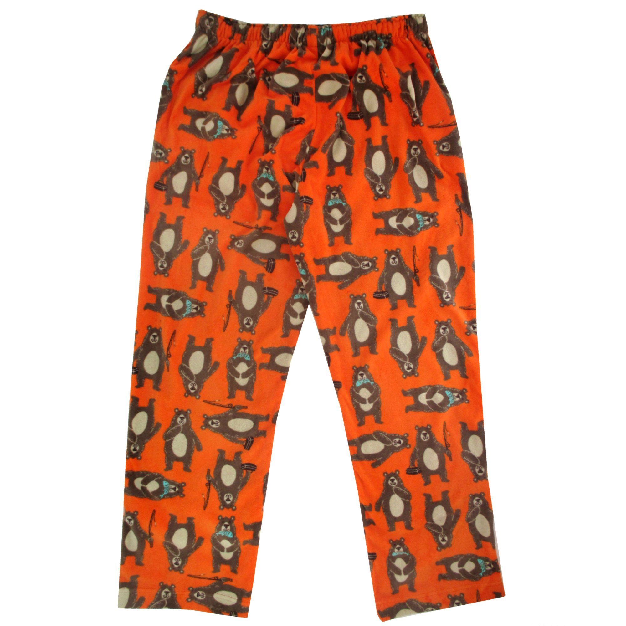 Men's Comfy Soft Warm Fleece Sleep Pants with Pockets in Bear Fishing Pattern