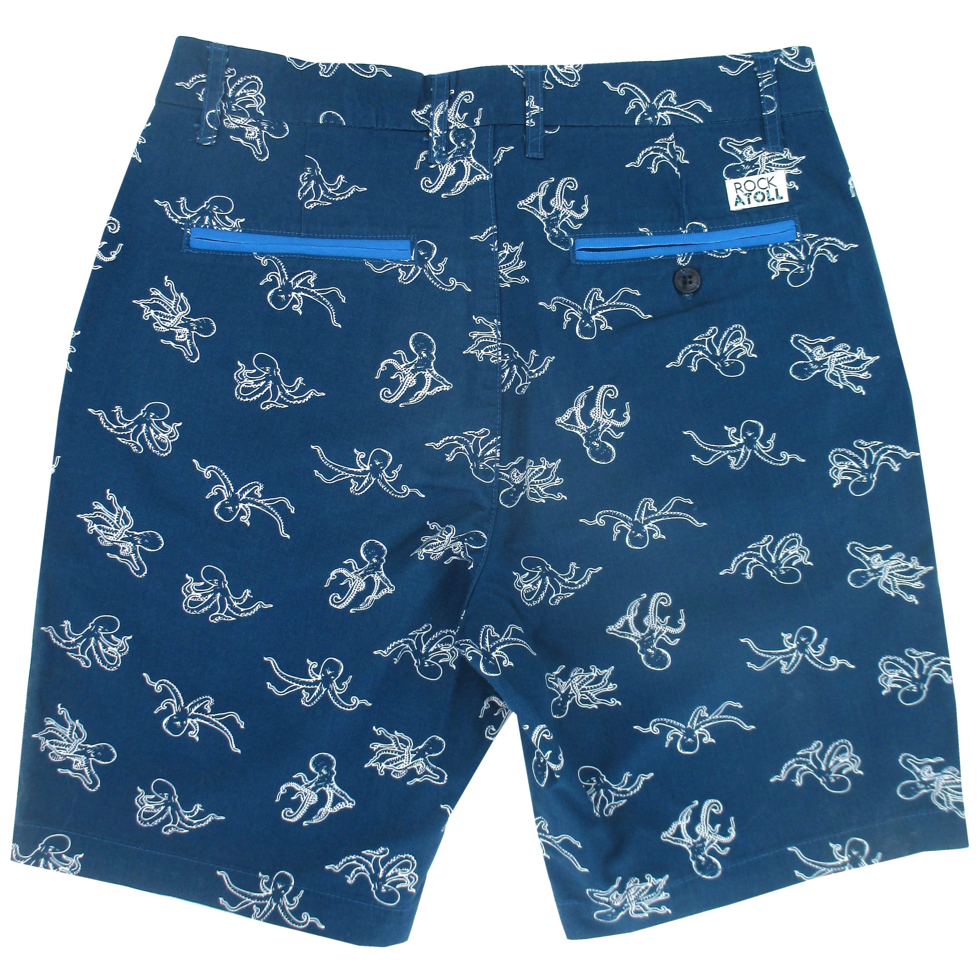 Bright Blue Octopus Patterned Sea Creatures Themed Flat Front Chino Shorts