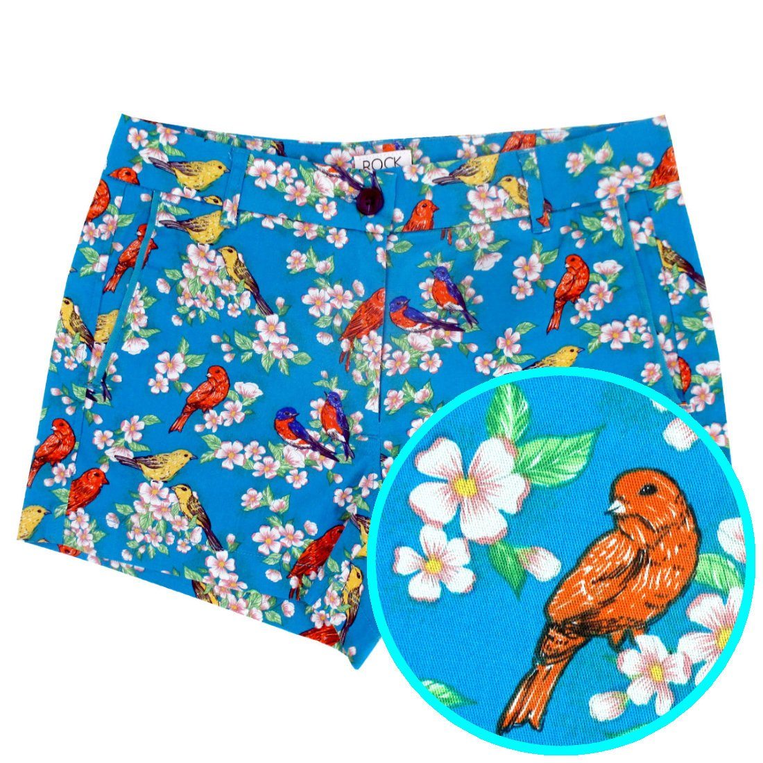 Colorful Bird Floral All Over Print Flat Front Chinos Shorts for Women in Blue