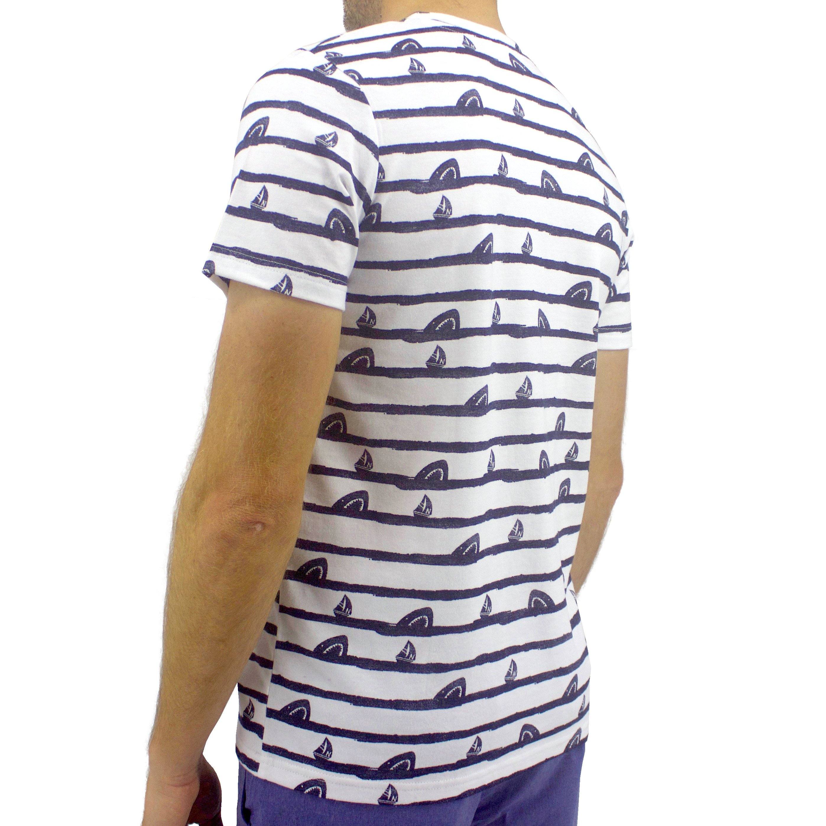 Rock Atoll Shark and Sailboat Waves Striped All Over Print T-Shirt in White