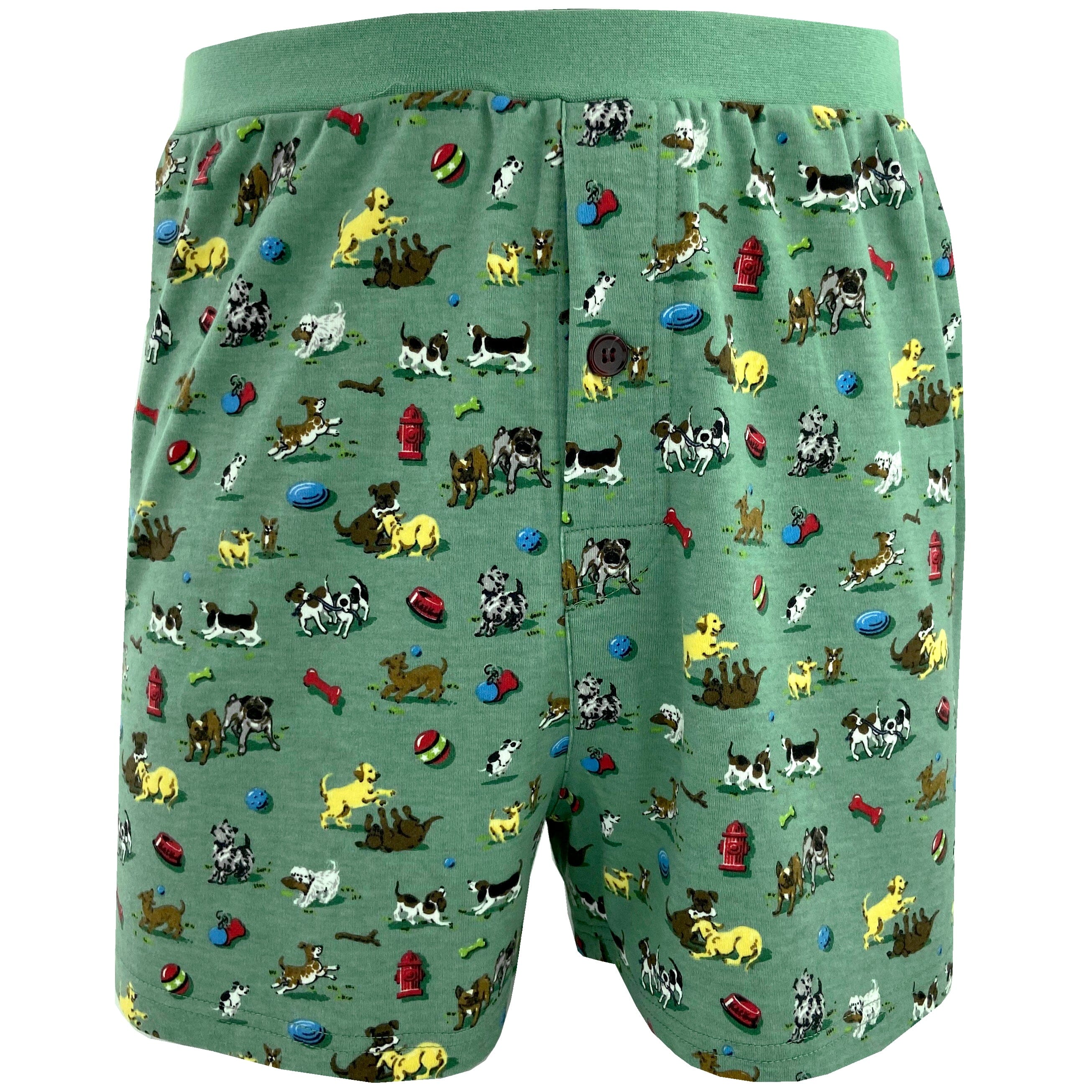 Men's Happy Puppy Dog All Over Print Knit Boxer Pajama Shorts in Green